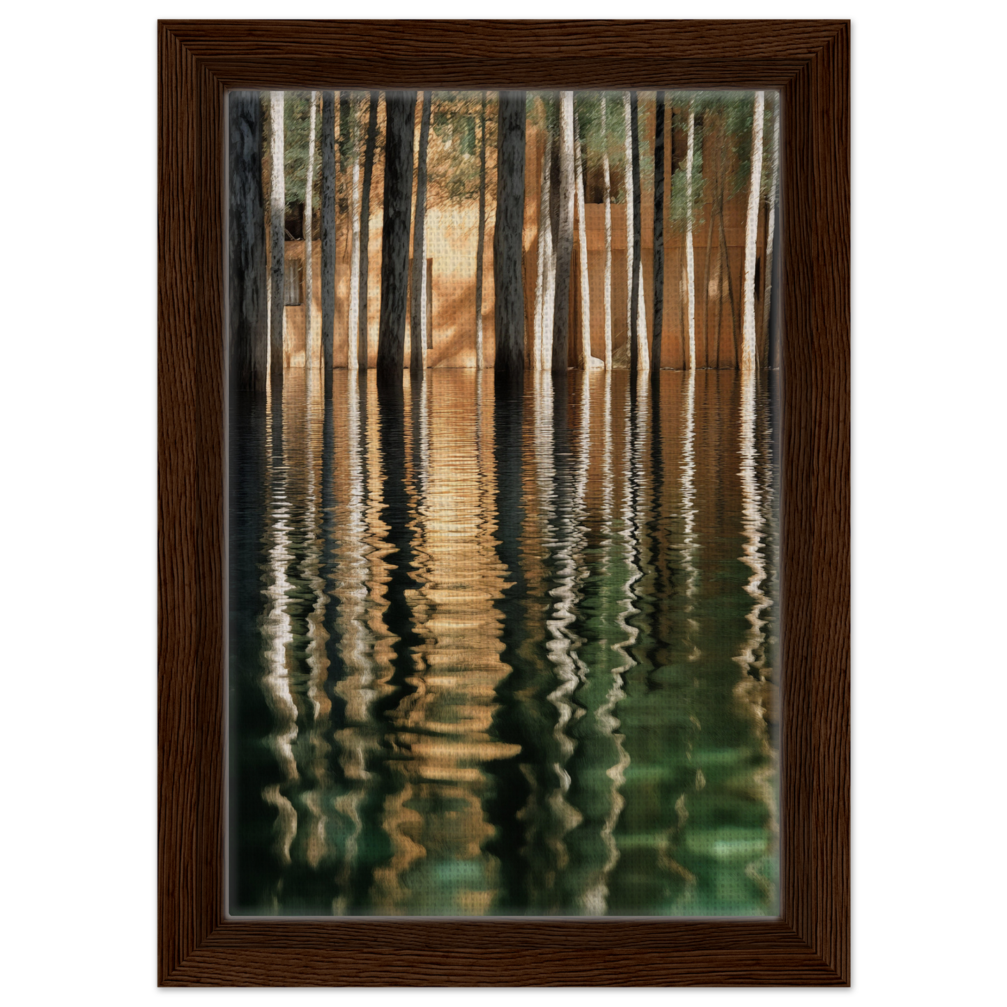 Framed canvas print of tree reflections in still water titled Duality Evolved Sylvan