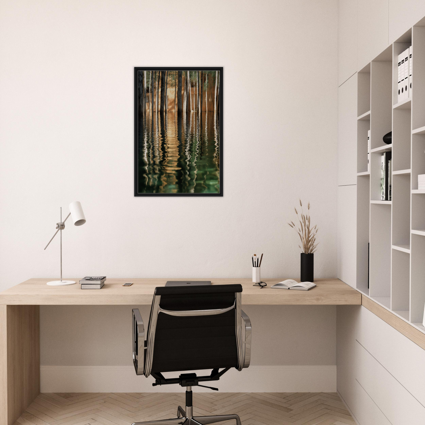 Minimalist home office featuring Duality Evolved Sylvan with framed canvas wall art