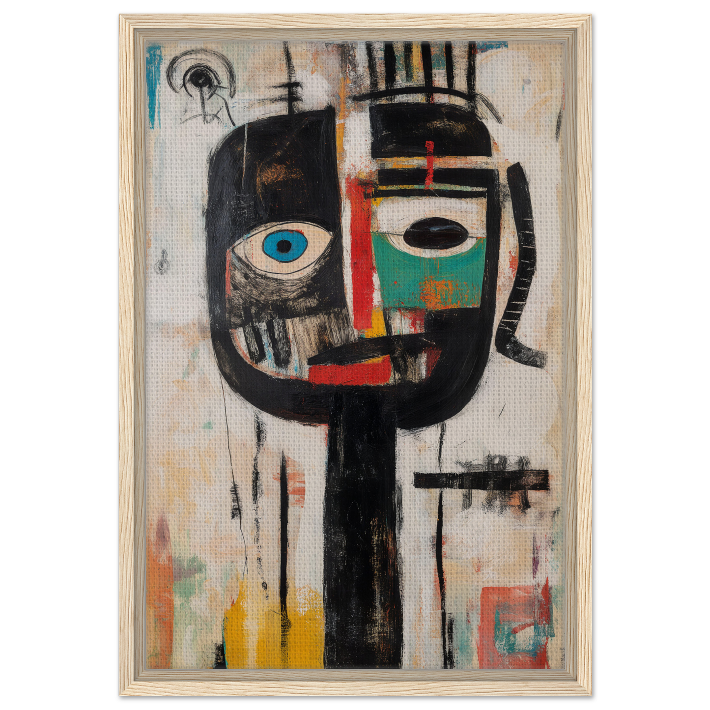 Abstract painting of a stylized face with geometric shapes in Duality Tribescape Visions