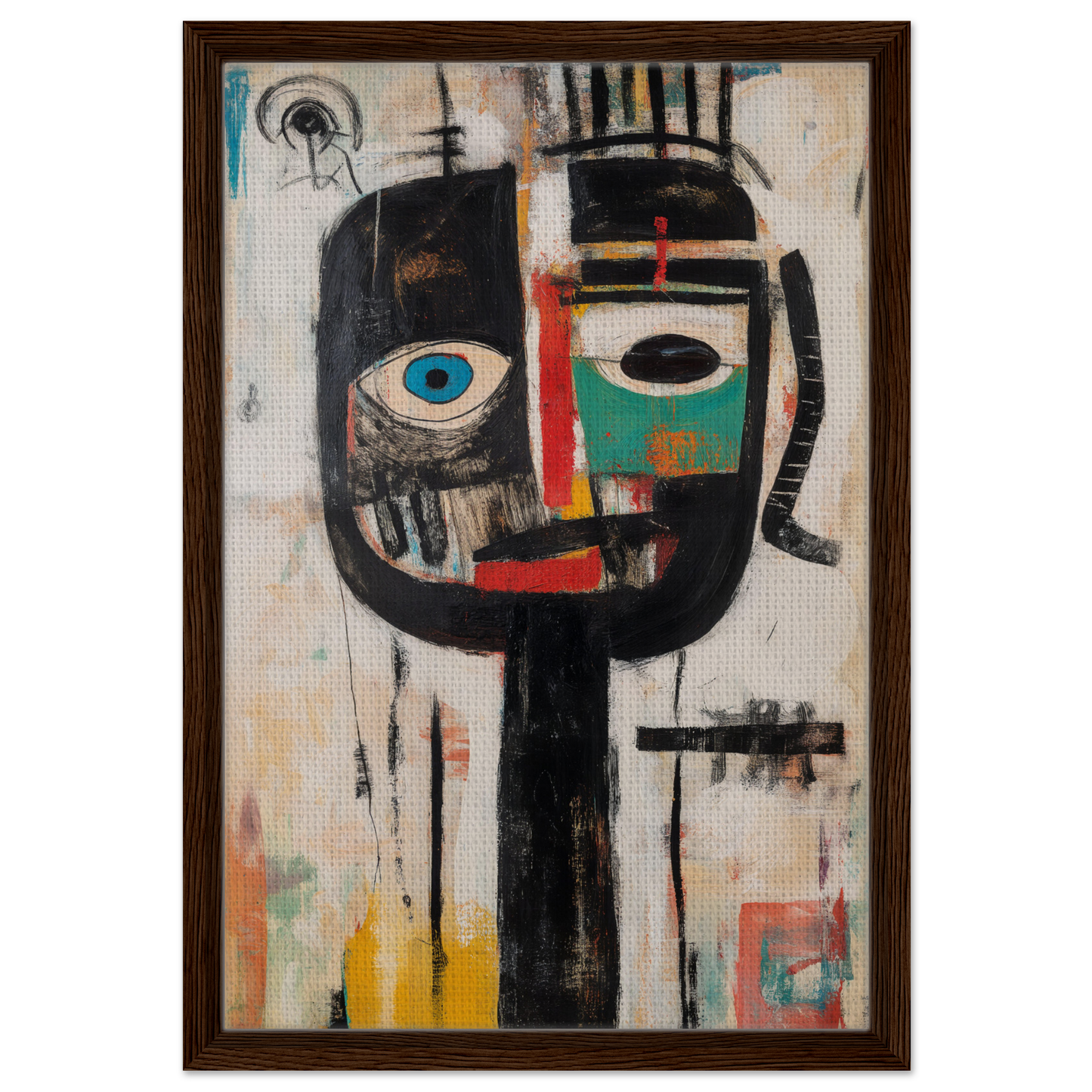 Abstract painting of a stylized face in vibrant colors from Duality Tribescape Visions