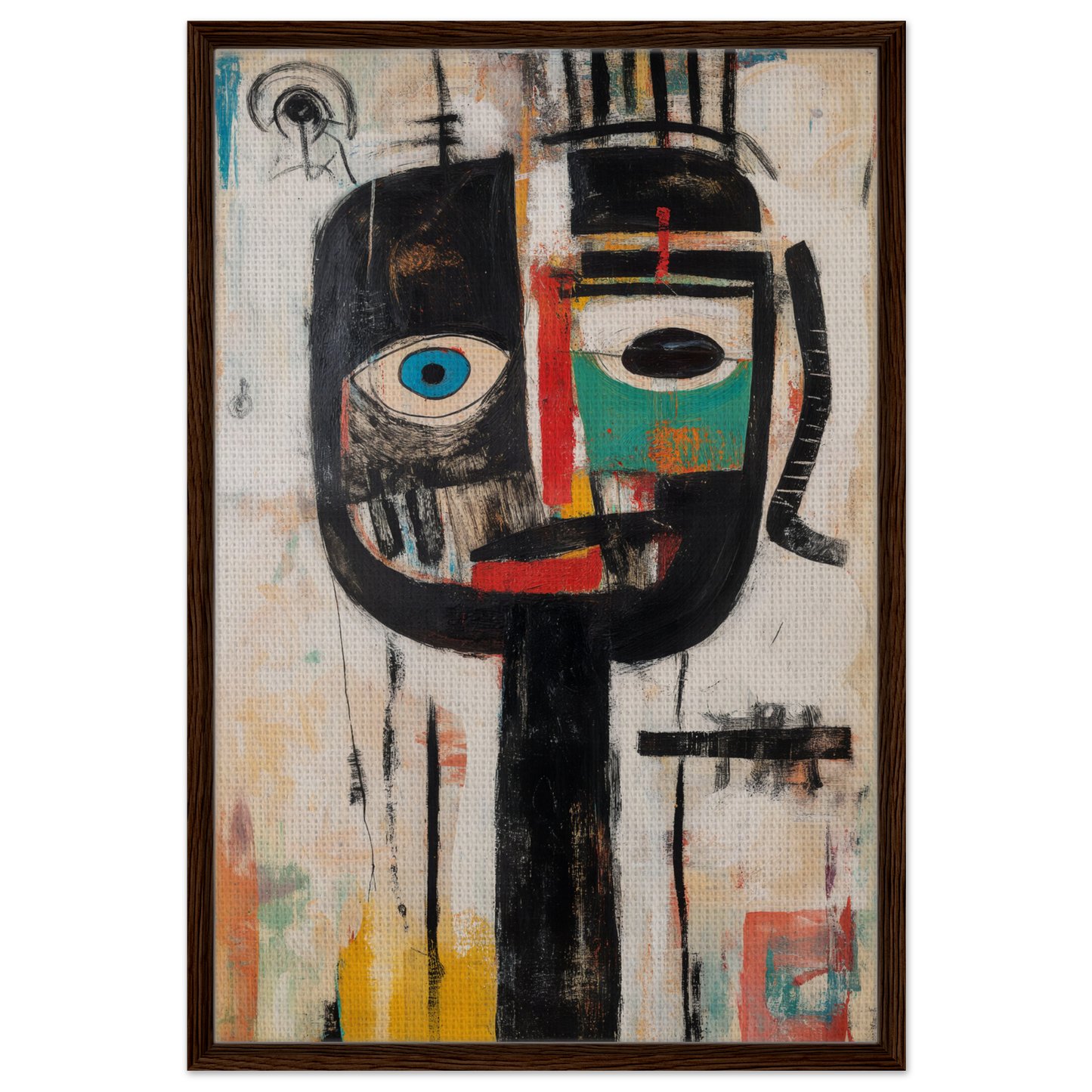 Abstract painting of a stylized face in bold colors from Duality Tribescape Visions