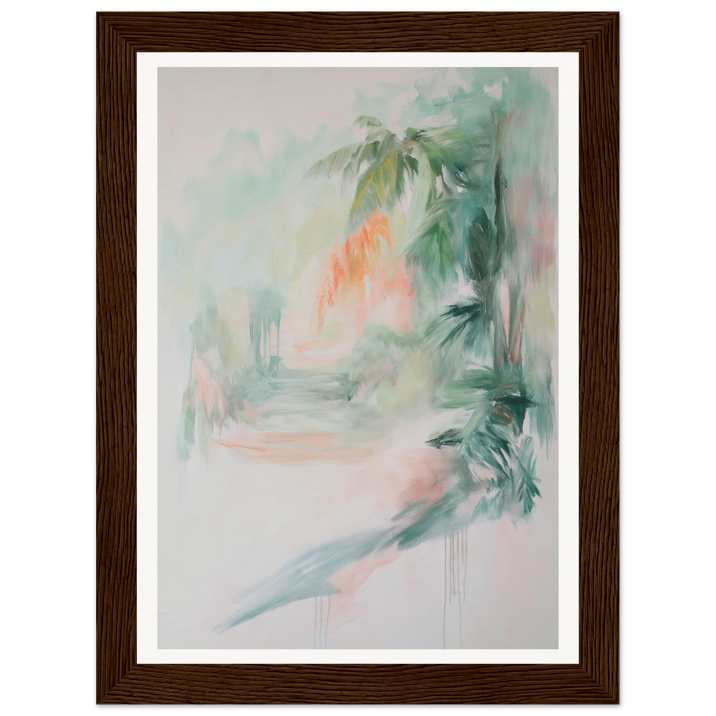 Framed wall art with pastel colors and tropical foliage, perfect for room decor.