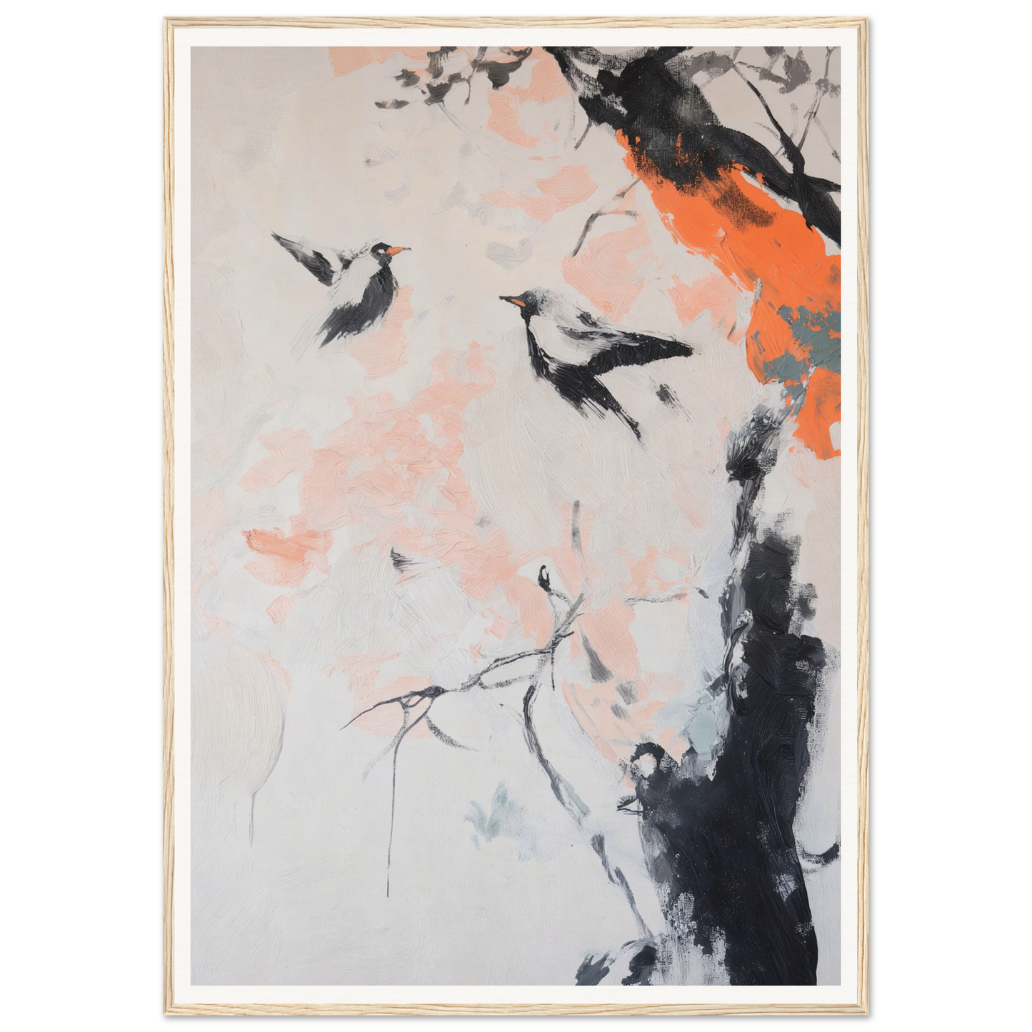 Two abstract birds perched on branches with orange and black accents; perfect room decor.