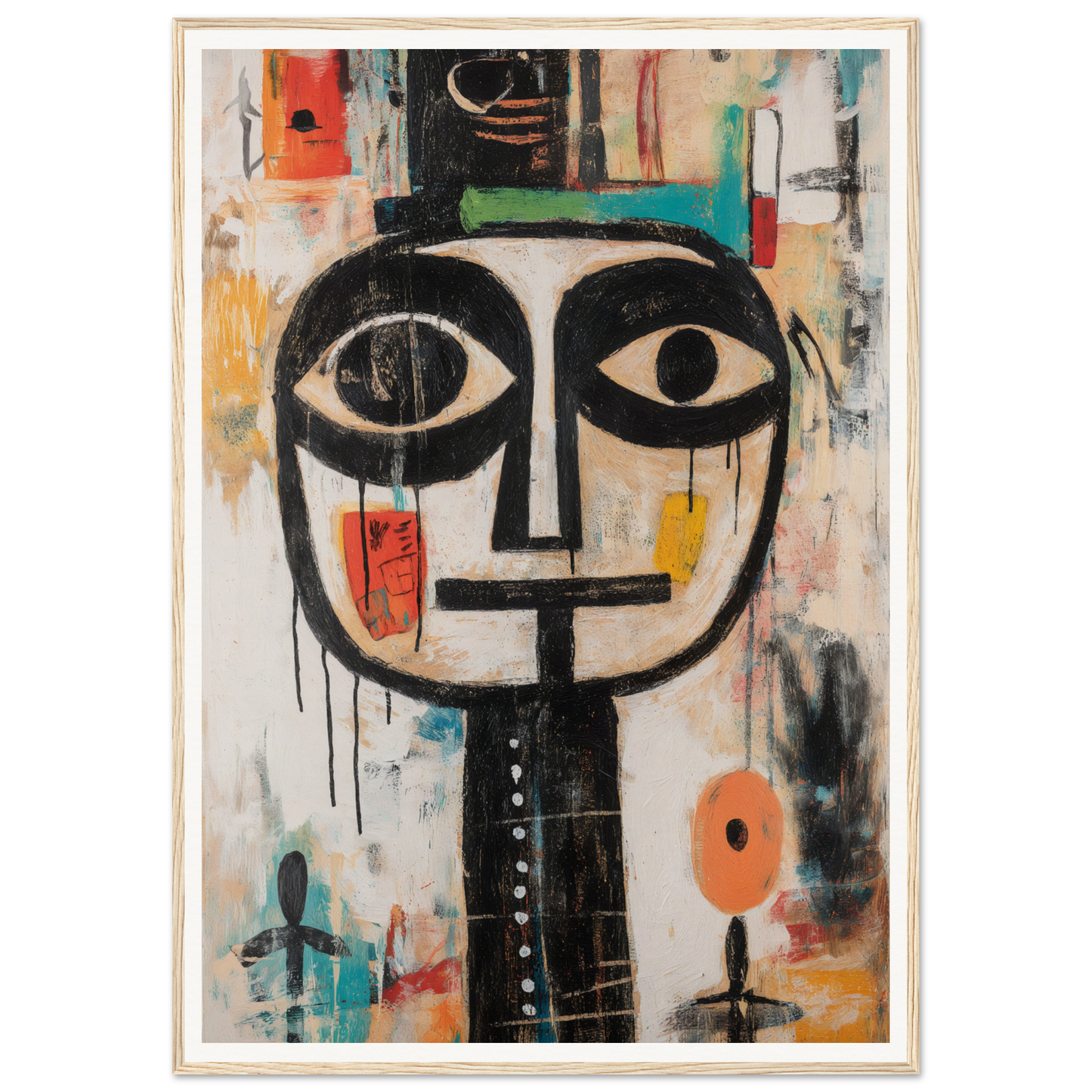 Framed abstract face with large eyes and vibrant geometric shapes, perfect for room decor.