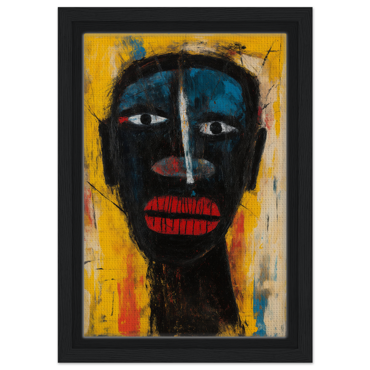 Stylized portrait of a black-skinned face in Eclectic Facescapes Whirl framed canvas print