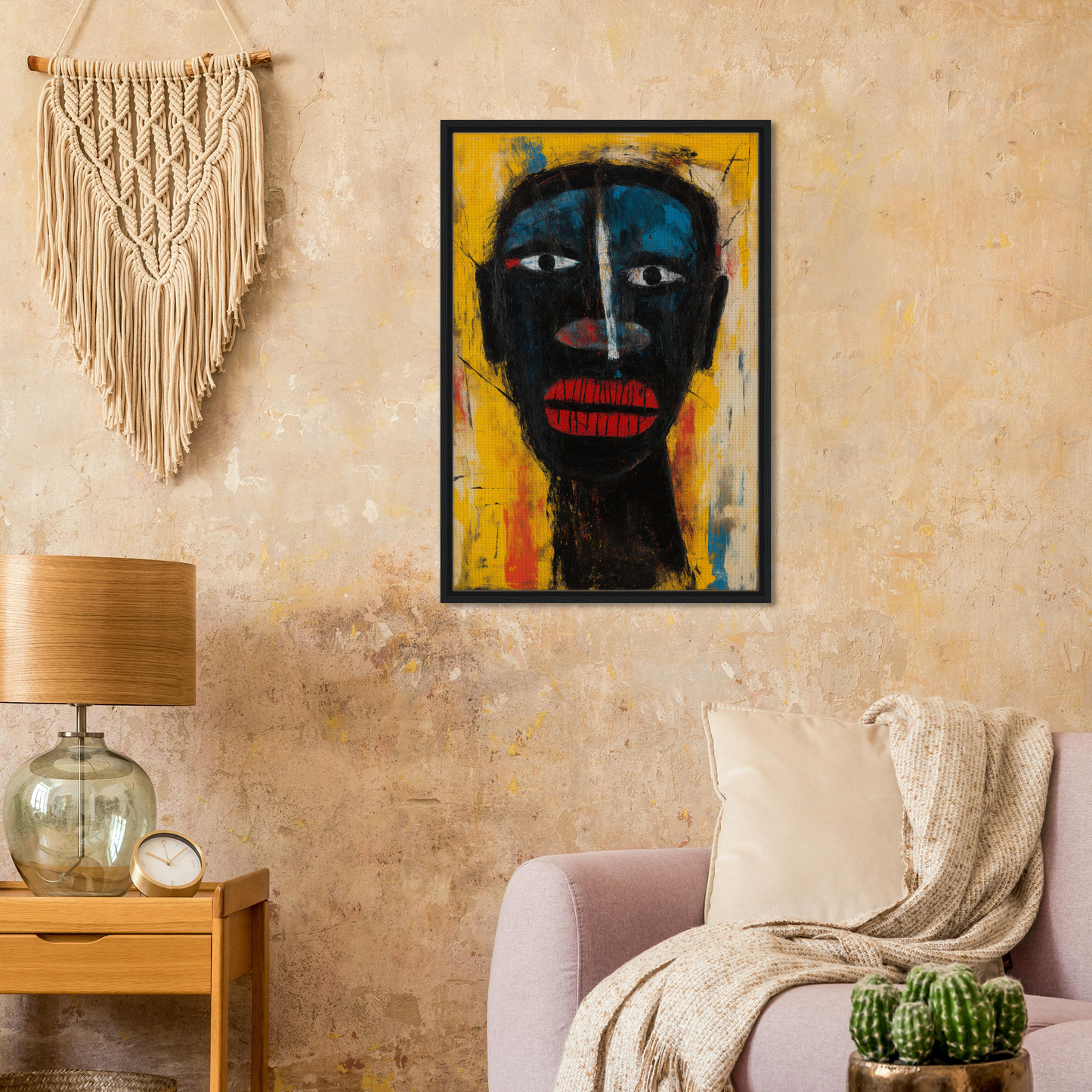 Abstract portrait with dark face on vibrant yellow background for Eclectic Facescapes Whirl