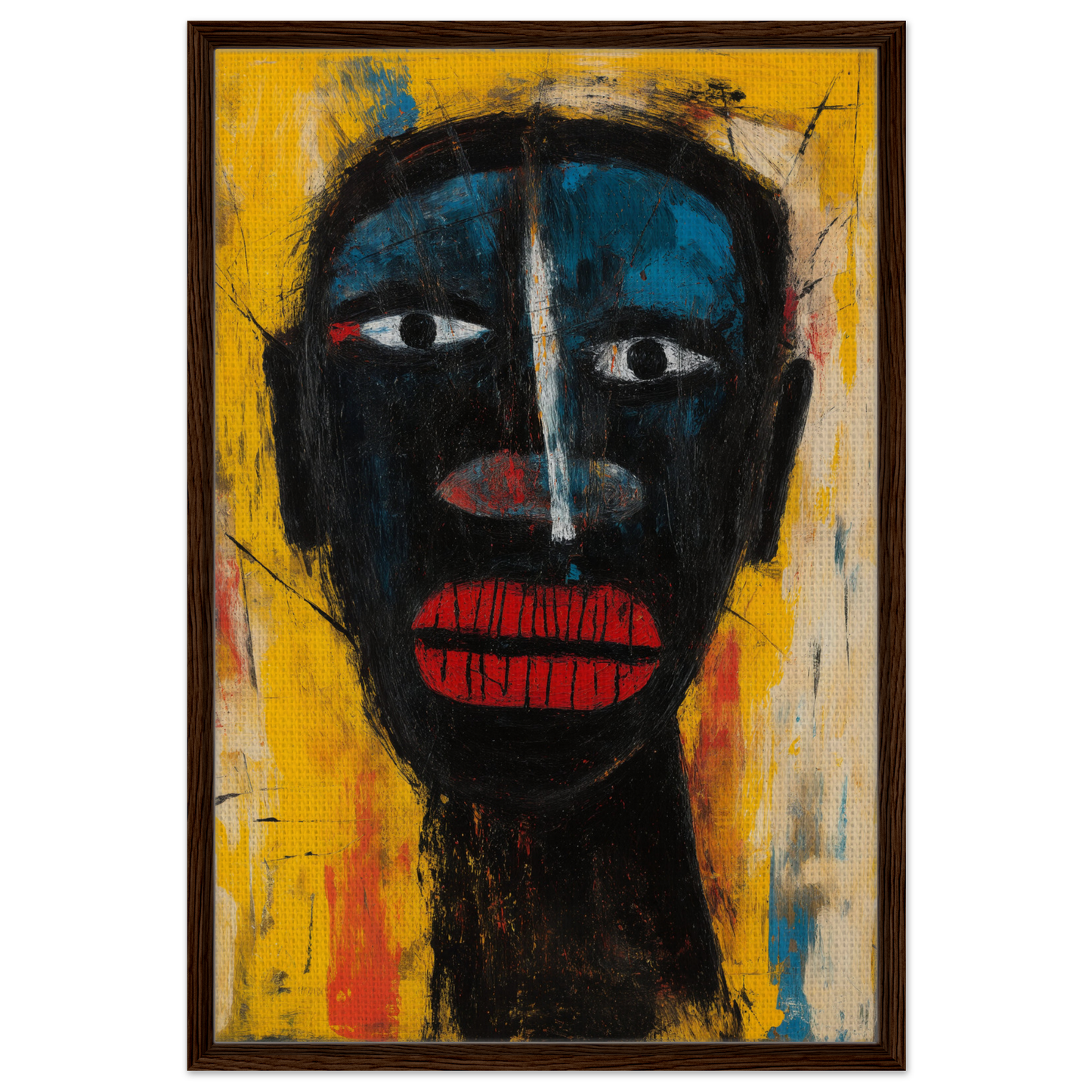 Stylized portrait of a dark face with white eyes and red lips in Eclectic Facescapes Whirl