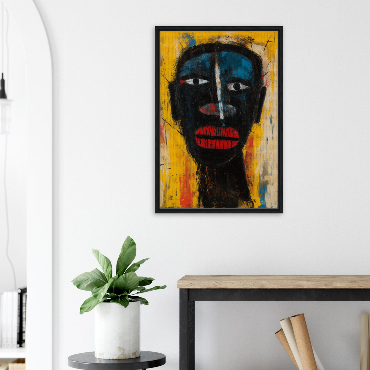 Abstract portrait with dark face and red lips for Eclectic Facescapes Whirl room decor