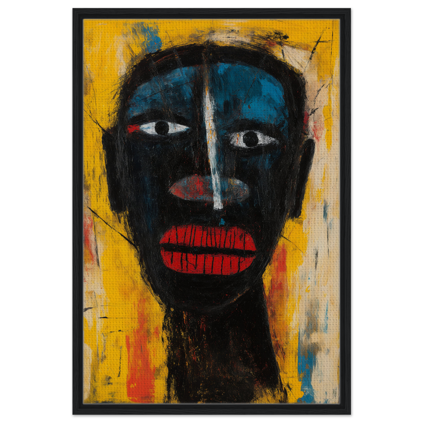 Stylized portrait of dark face with white eyes and red lips in Eclectic Facescapes Whirl