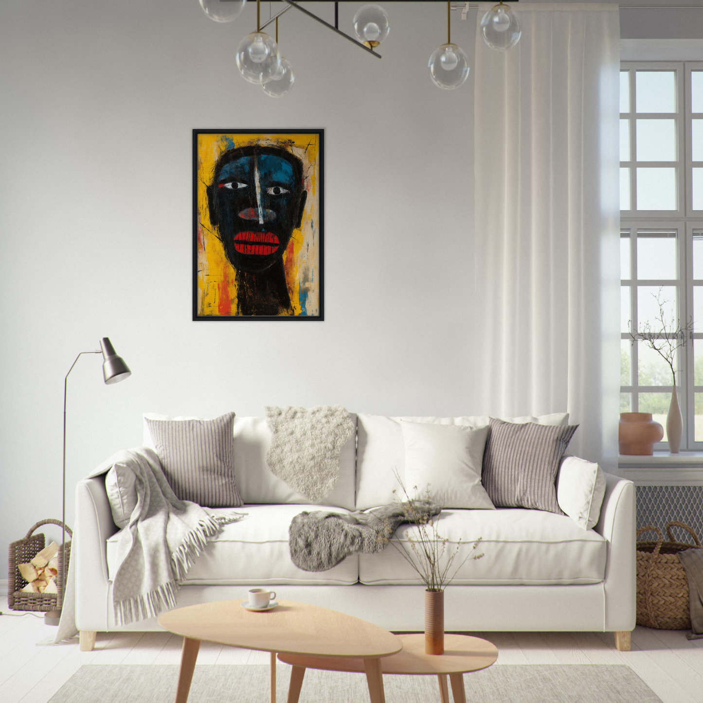 White sofa adorned with throw pillows and blankets from Eclectic Facescapes Whirl for room decor