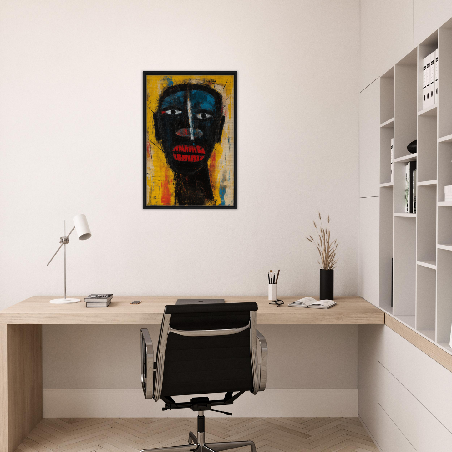 Striking abstract portrait with dark face and blue eyes in Eclectic Facescapes Whirl