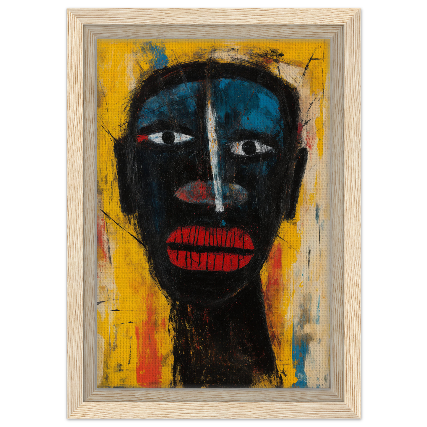 Abstract portrait with black features on yellow in Eclectic Facescapes Whirl framed canvas print