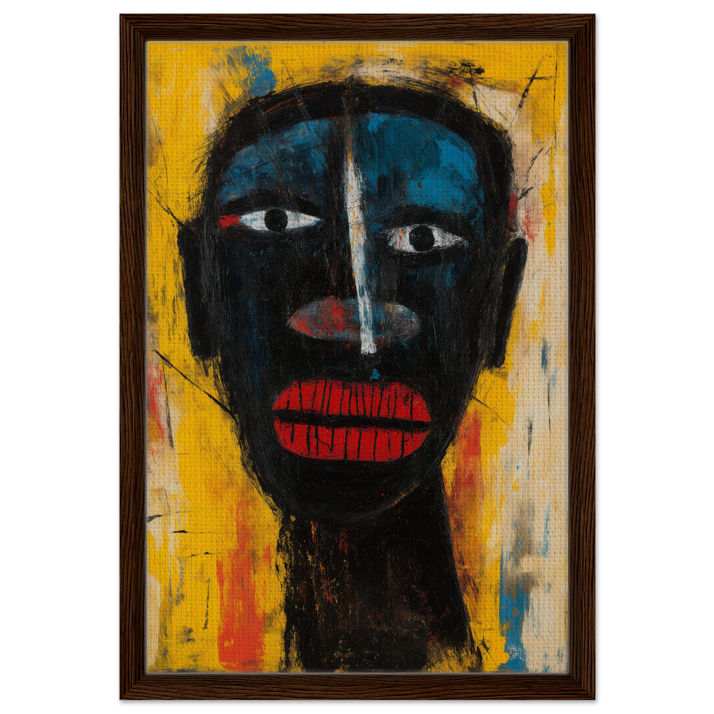 Stylized portrait of a dark face with red lips and white eyes in Eclectic Facescapes Whirl