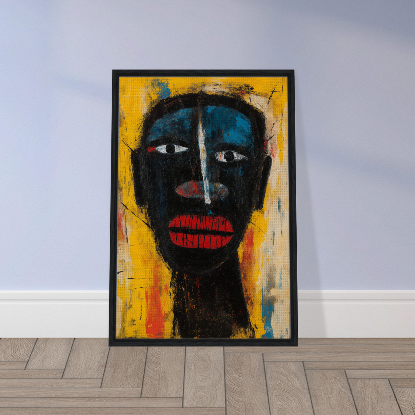 Framed canvas print of Eclectic Facescapes Whirl with dark face on vibrant yellow background