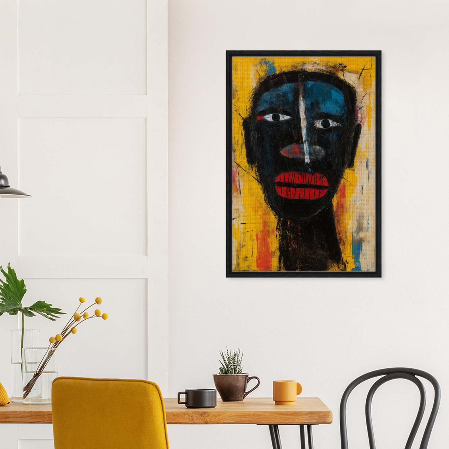 Abstract portrait with dark face and red lips, perfect for Eclectic Facescapes Whirl framed canvas print
