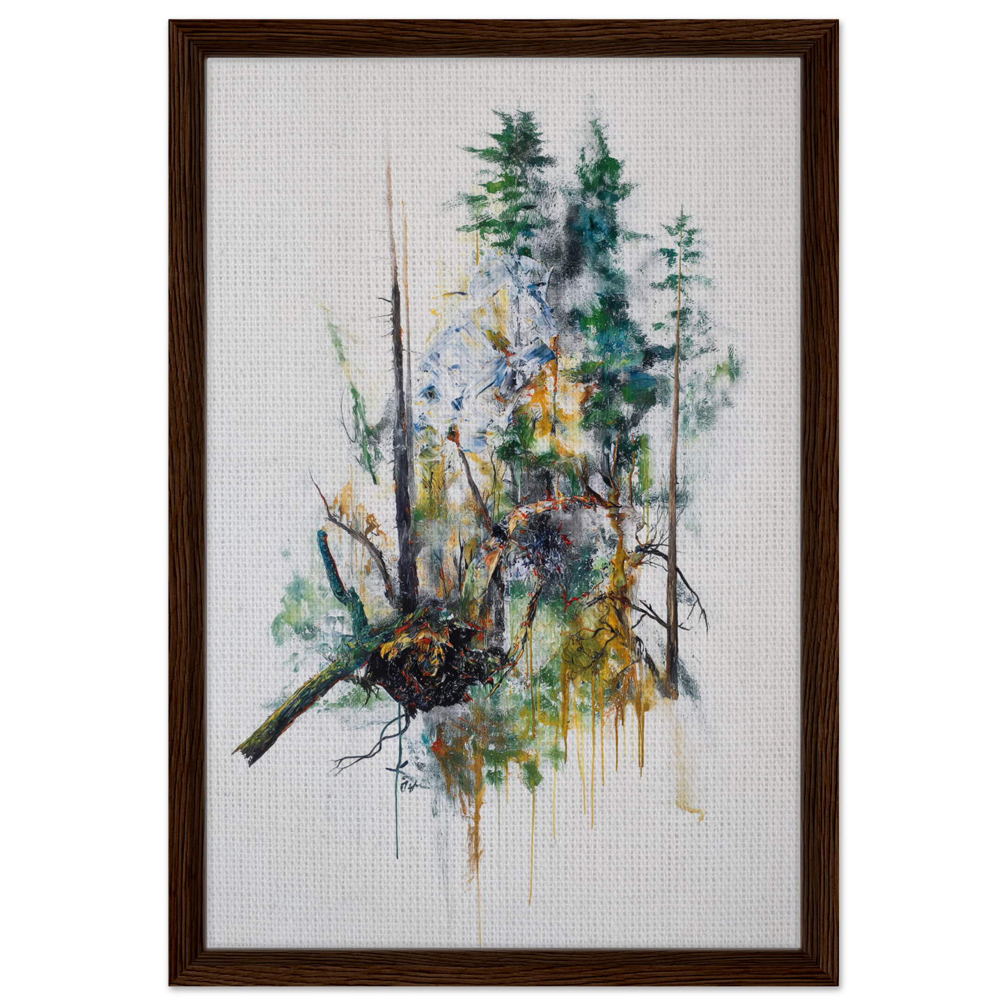 Framed watercolor painting of an abstract forest scene for Ecstasy’s Timeless Boughs room decor