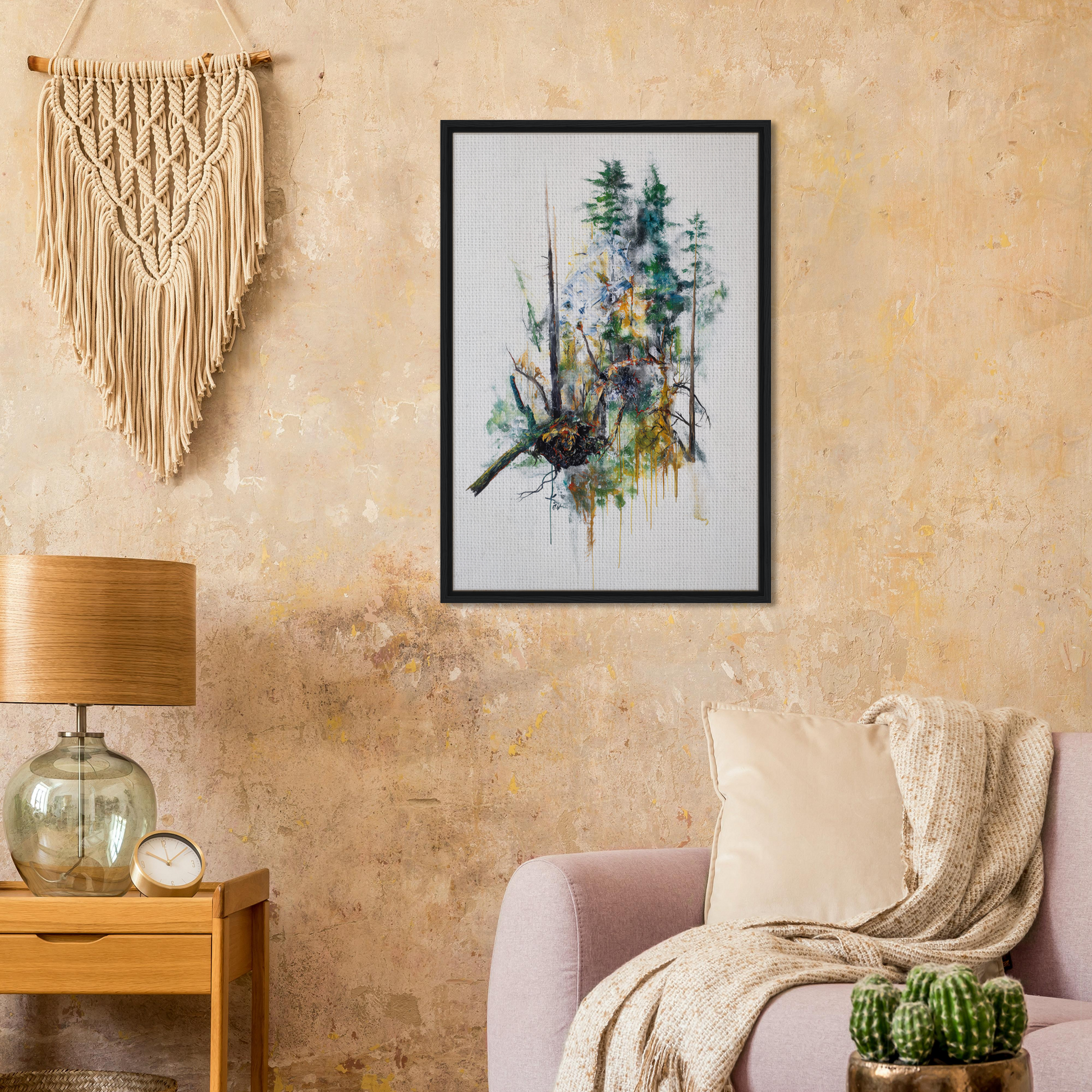 Framed watercolor painting of pine trees in Ecstasy’s Timeless Boughs collection