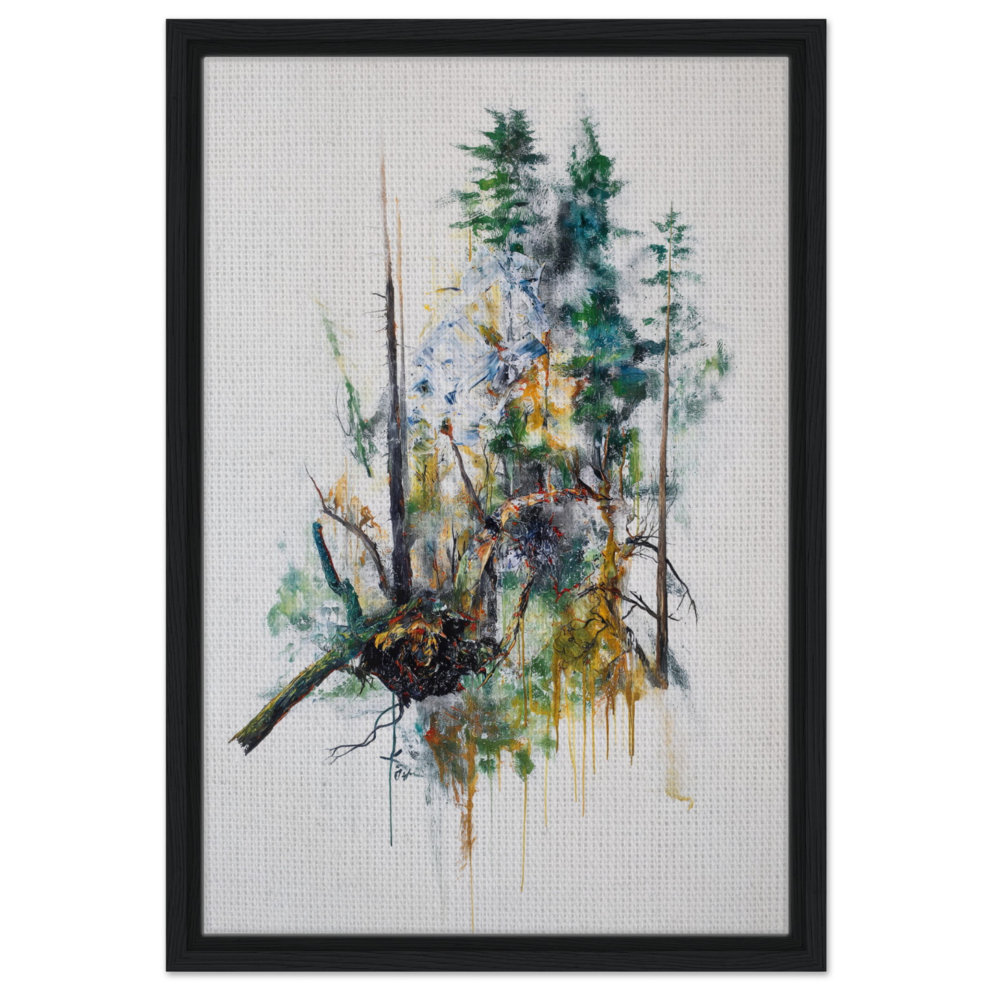 Abstract watercolor art of trees in muted greens for Ecstasy’s Timeless Boughs room decor