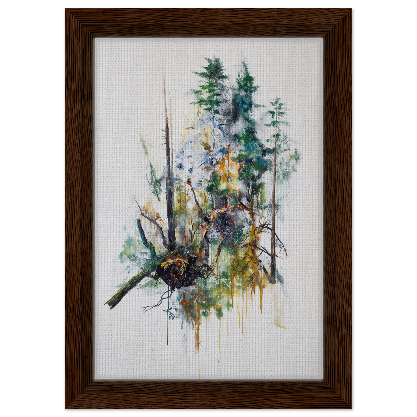 Framed canvas print of Ecstasy’s Timeless Boughs, an abstract forest watercolor painting