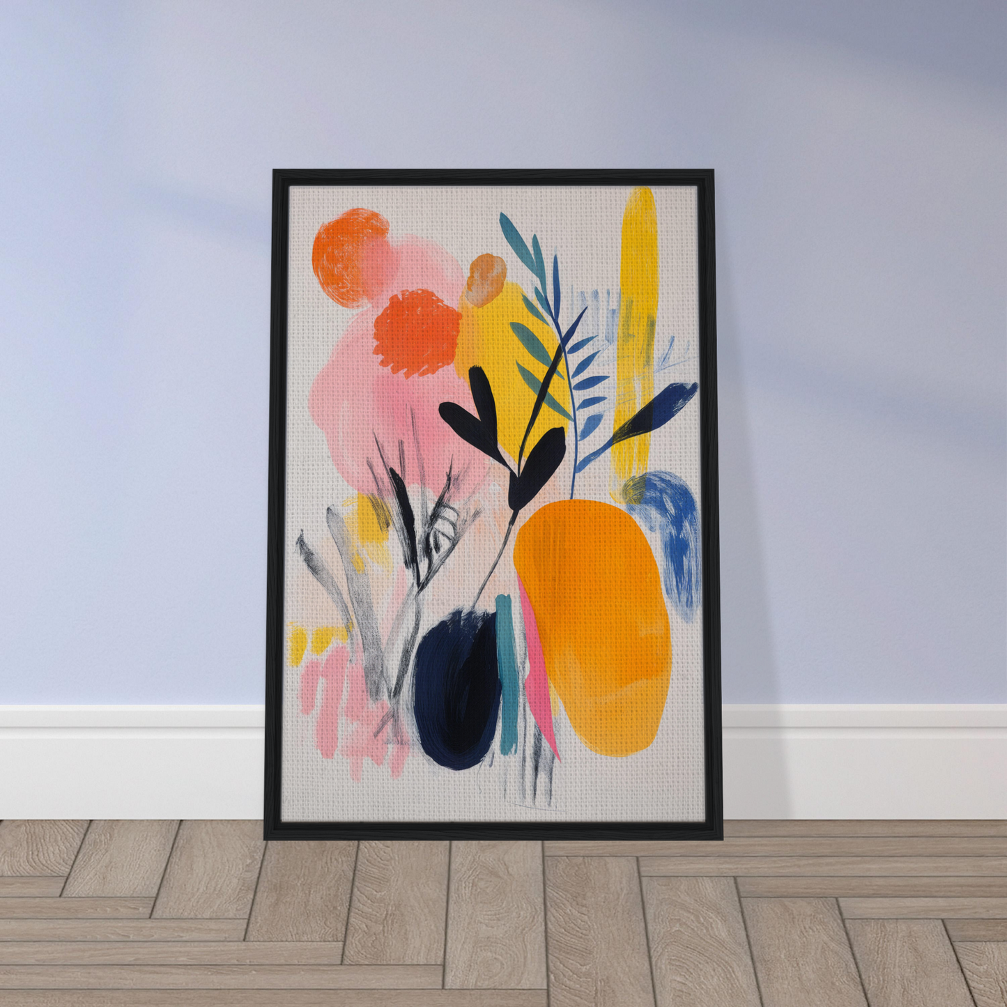 Framed canvas art titled Ecstatic Foliage Revelations with vibrant organic shapes