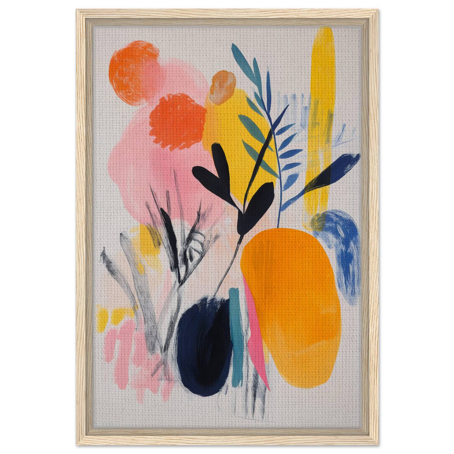 Abstract painting of colorful organic shapes in a light wooden frame for Ecstatic Foliage Revelations