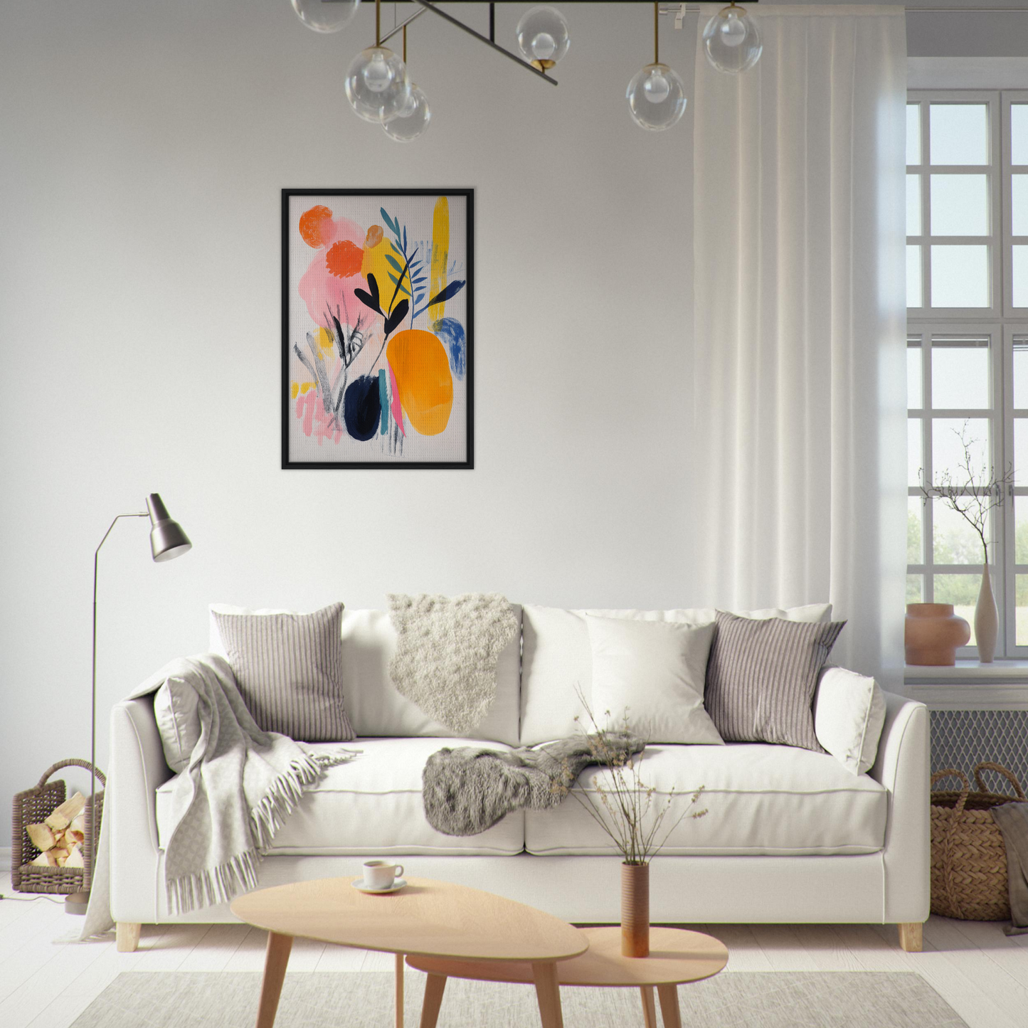 White sofa adorned with throw pillows and blankets beside Ecstatic Foliage Revelations art