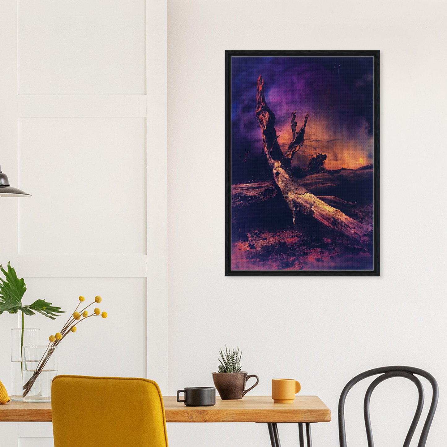 Framed canvas print of Efflorescent Dusk Reverie featuring a colorful landscape and twisted tree
