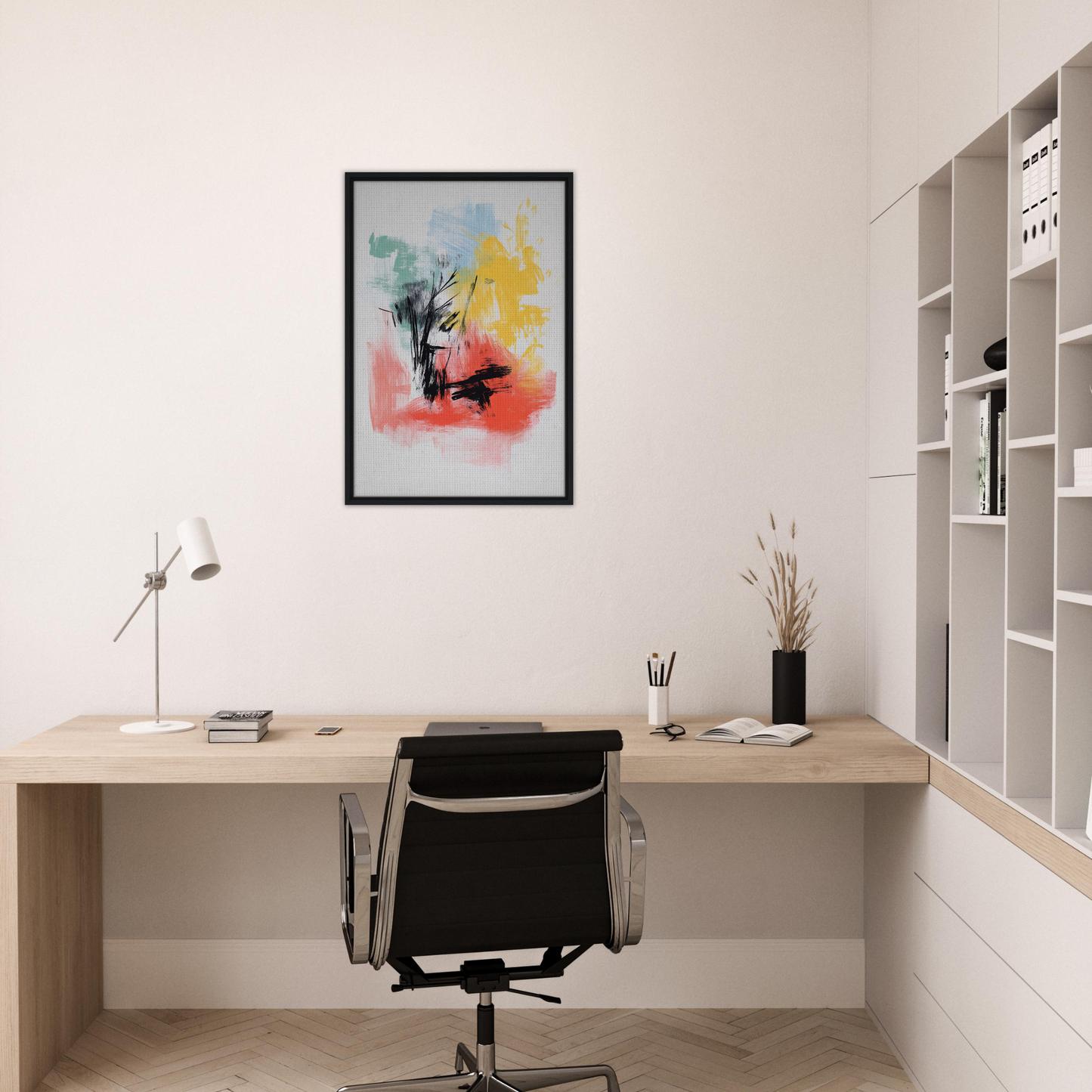 Minimalist home office featuring Electric Chaos Harmony framed canvas print above wooden desk