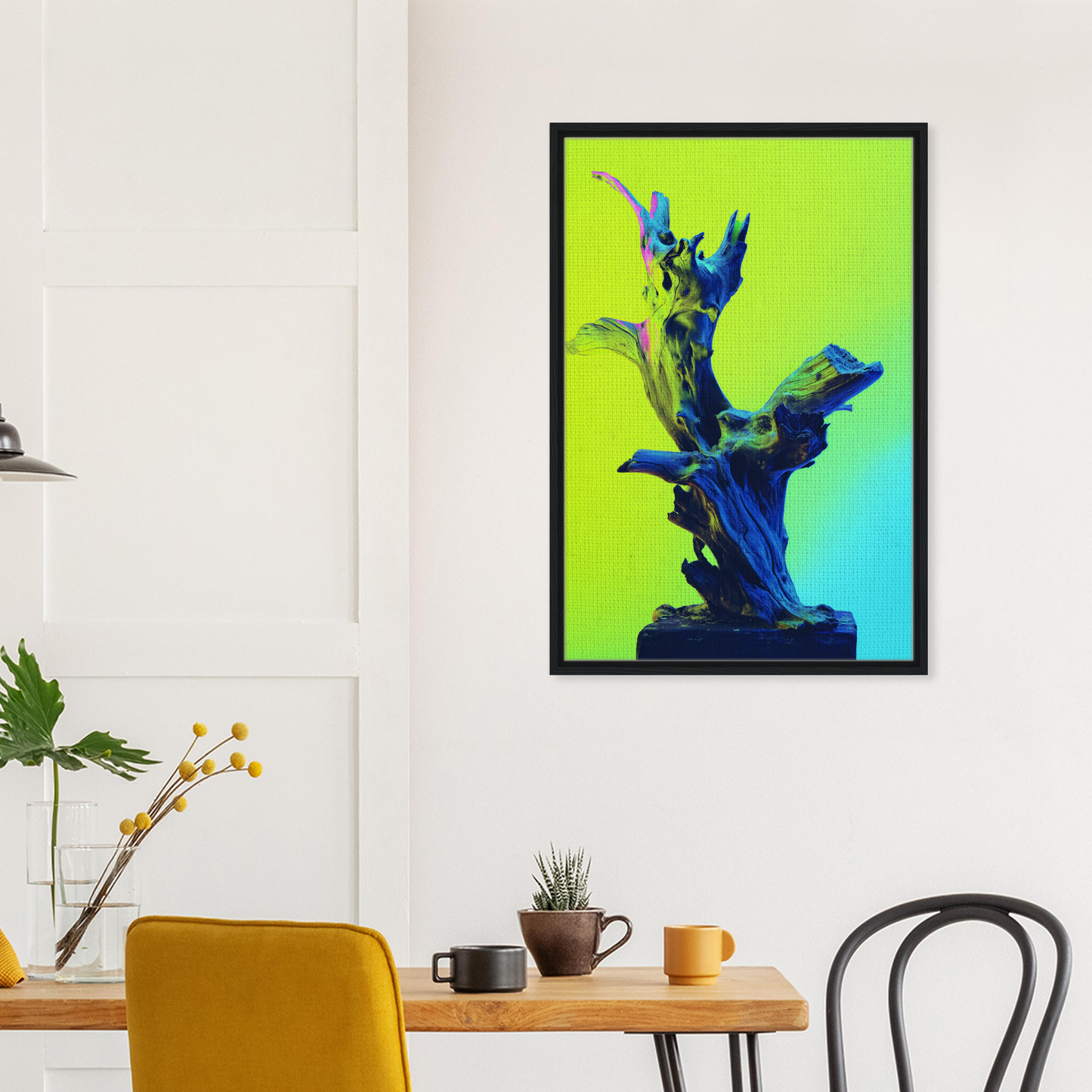 Framed canvas print of Electric Driftwood Dreams with dynamic blue sculpture on vibrant background