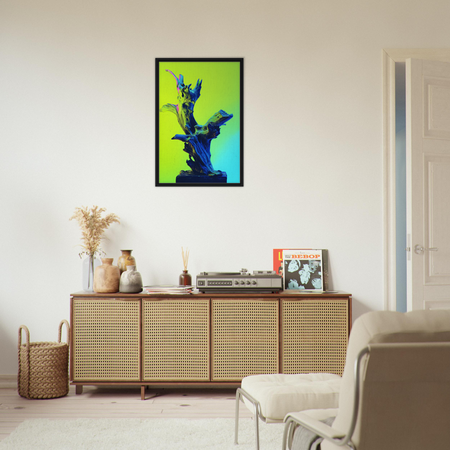 Framed artwork featuring blue birds on green background from Electric Driftwood Dreams collection