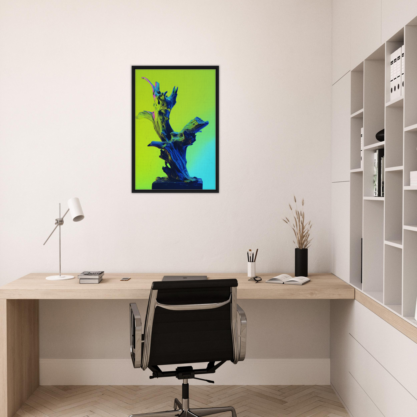Framed canvas print of Electric Driftwood Dreams with vibrant green and blue abstract art