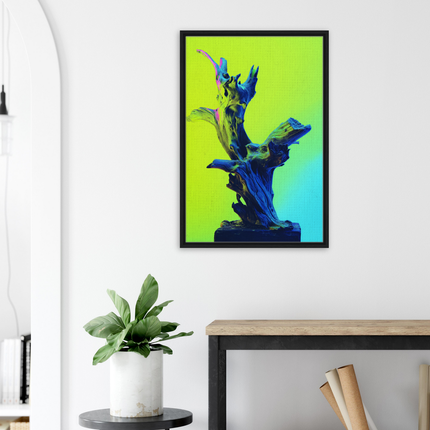 Framed canvas print of Electric Driftwood Dreams with vibrant blue and green abstract sculpture