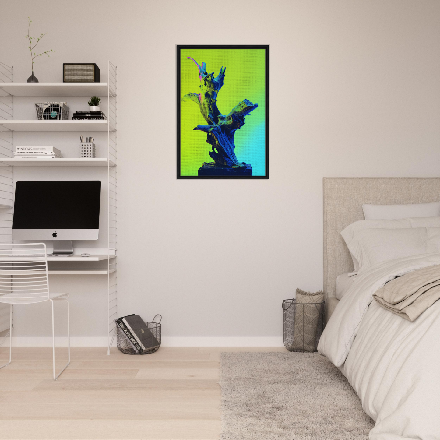 Vibrant green and blue abstract artwork in a black frame for Electric Driftwood Dreams room decor