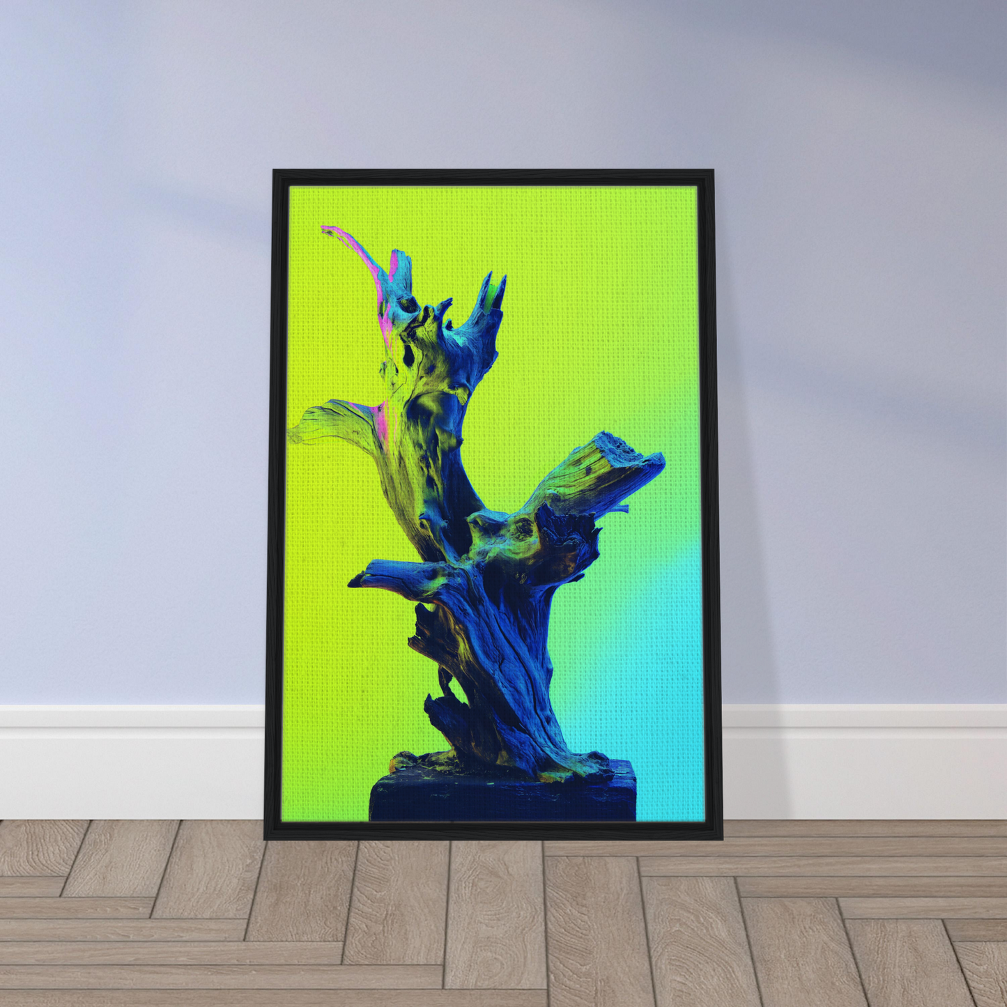 Framed canvas print of Electric Driftwood Dreams with blue sculpture on neon background