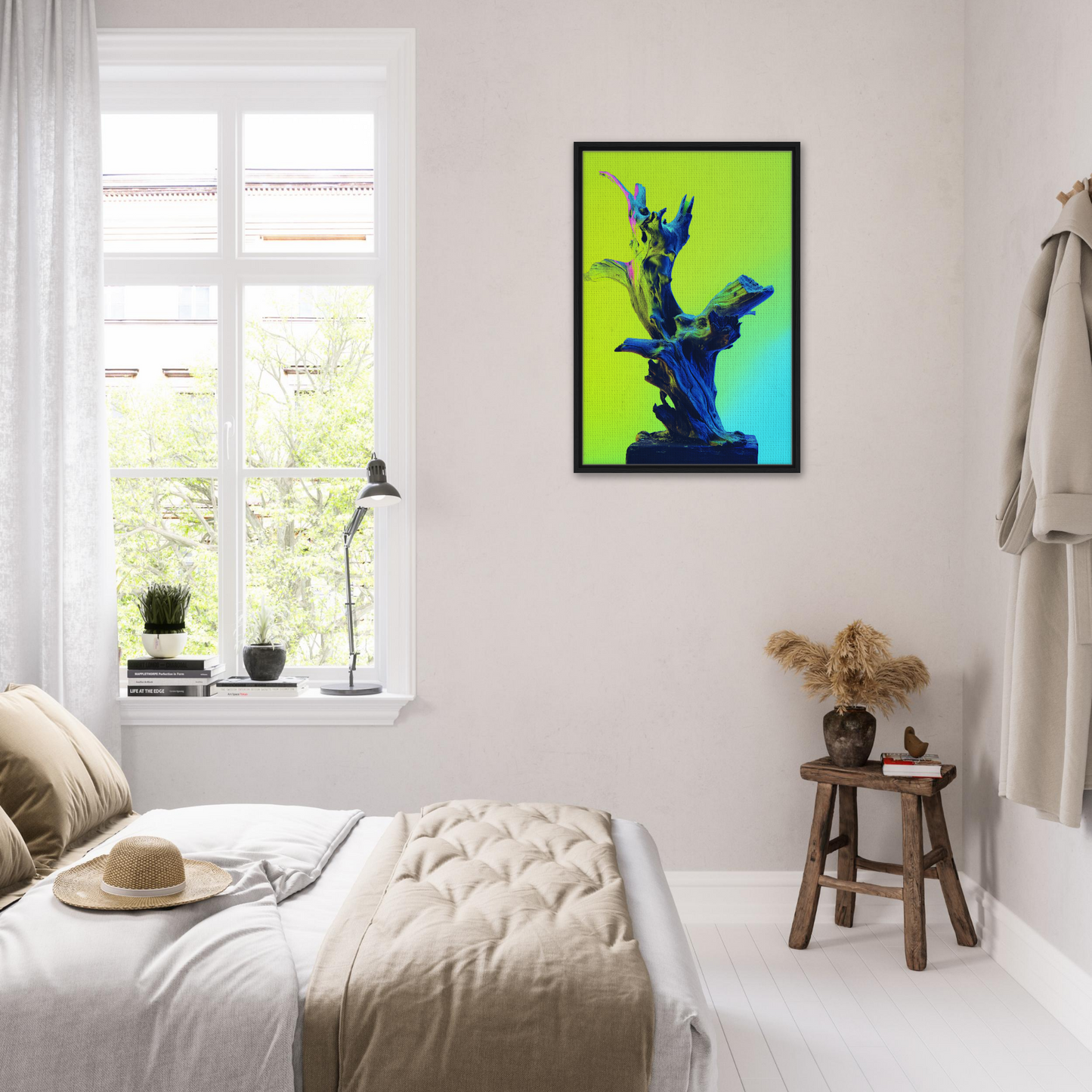 Bright green and blue abstract tree artwork in black frame for Electric Driftwood Dreams