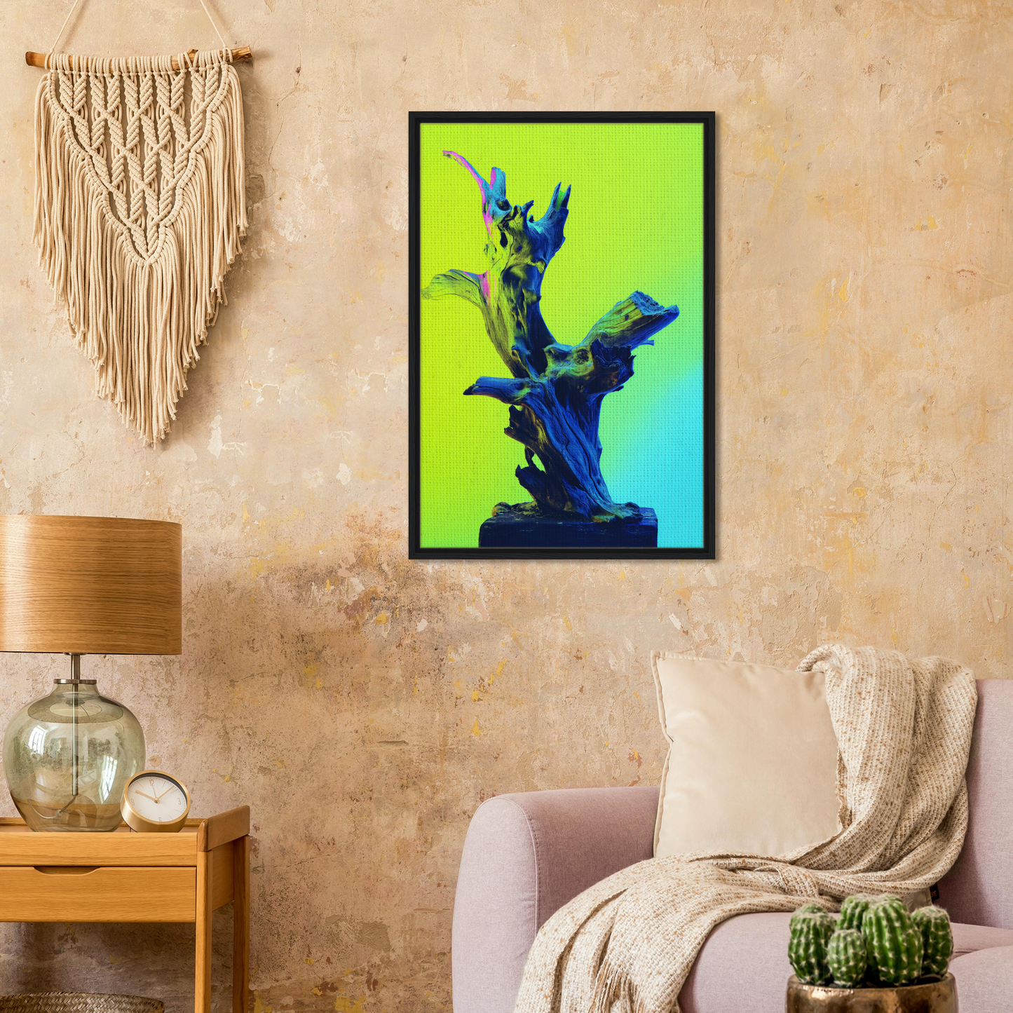 Framed vibrant artwork of blue abstract sculpture in Electric Driftwood Dreams room decor