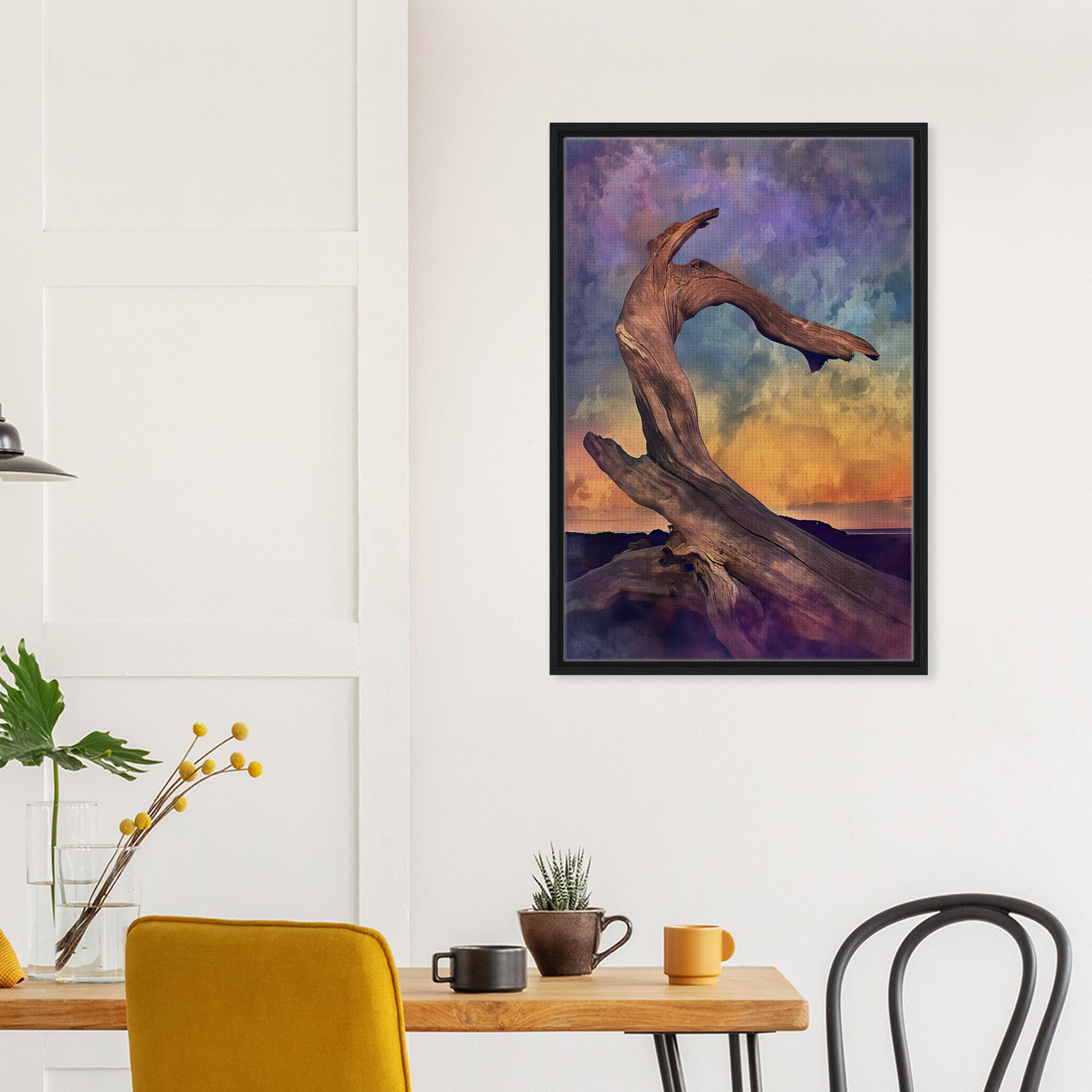 Framed canvas print of a dancer silhouette in Elemental Reverie against a colorful sky