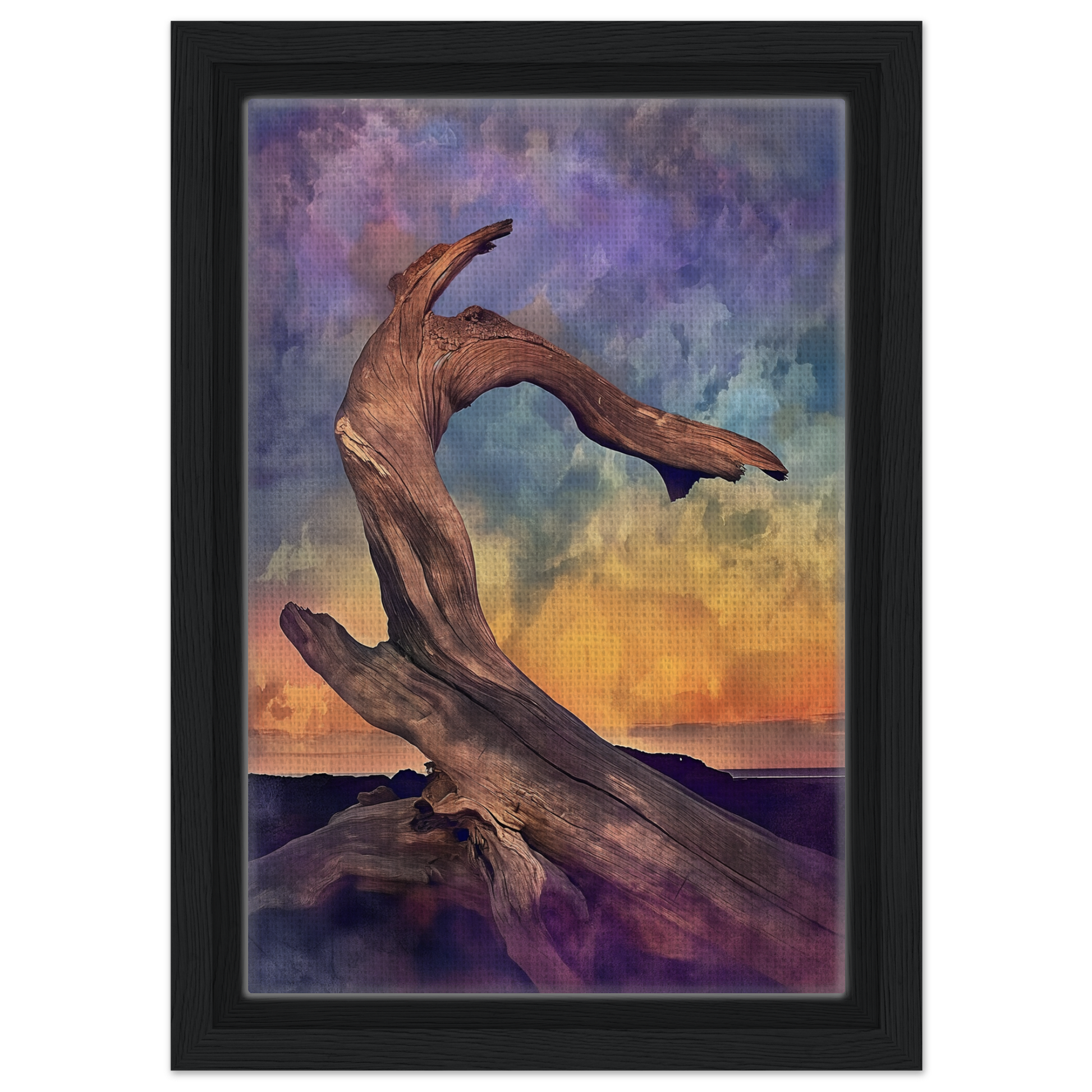Twisted driftwood shaped like a branch, featured in Elemental Reverie framed canvas print