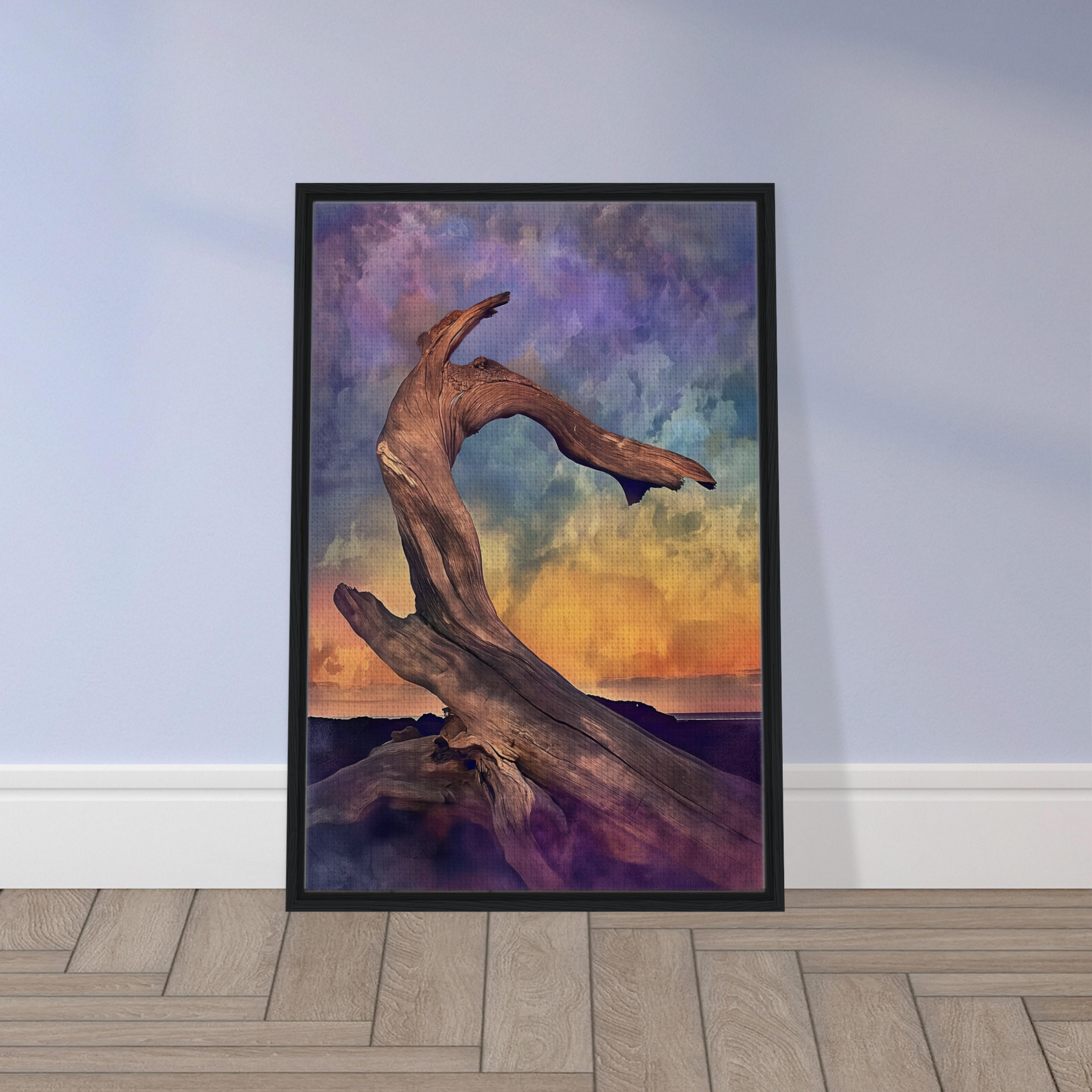 Twisted driftwood against a colorful sky for Elemental Reverie room decor