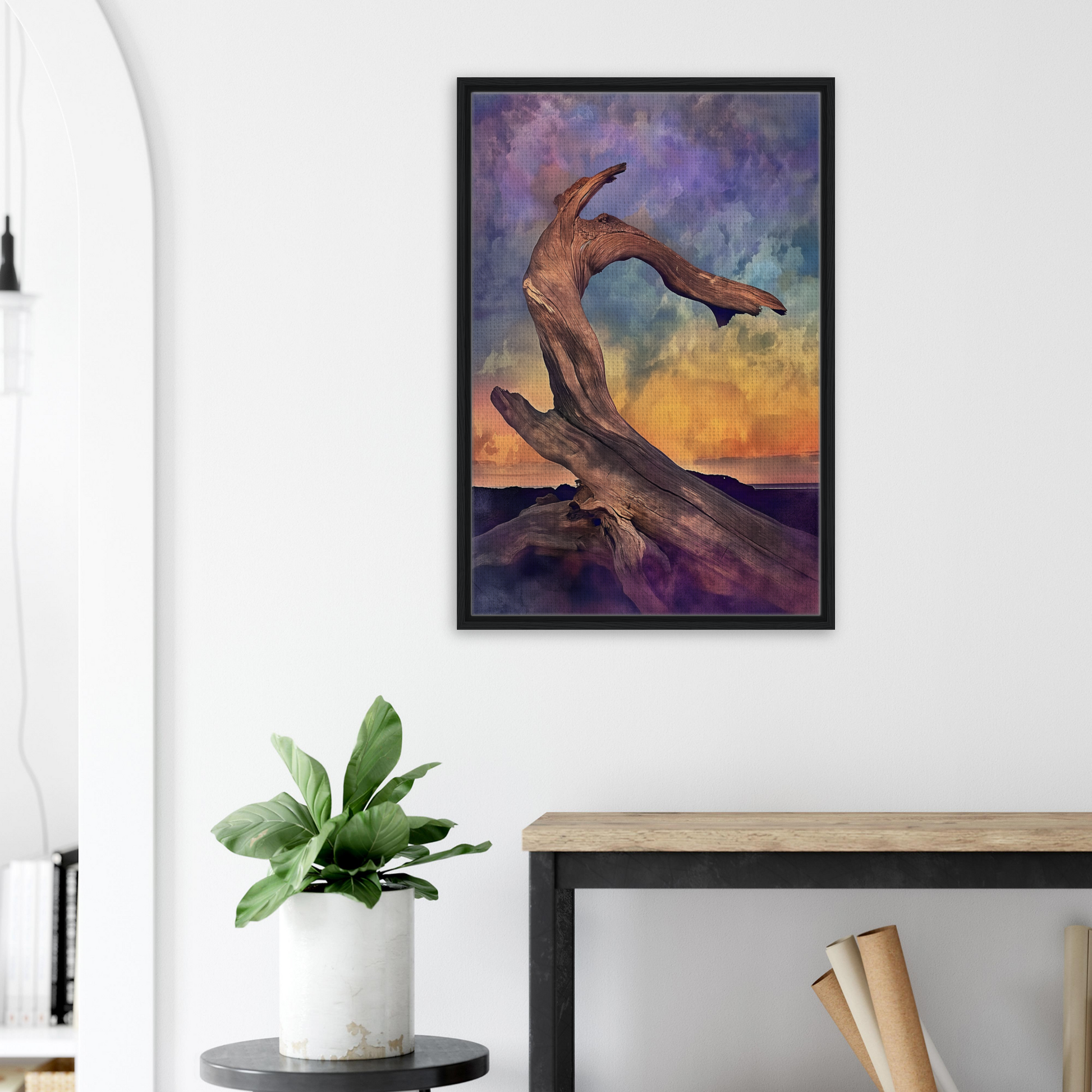 Framed canvas print of a gnarled tree branch in an elemental reverie sky