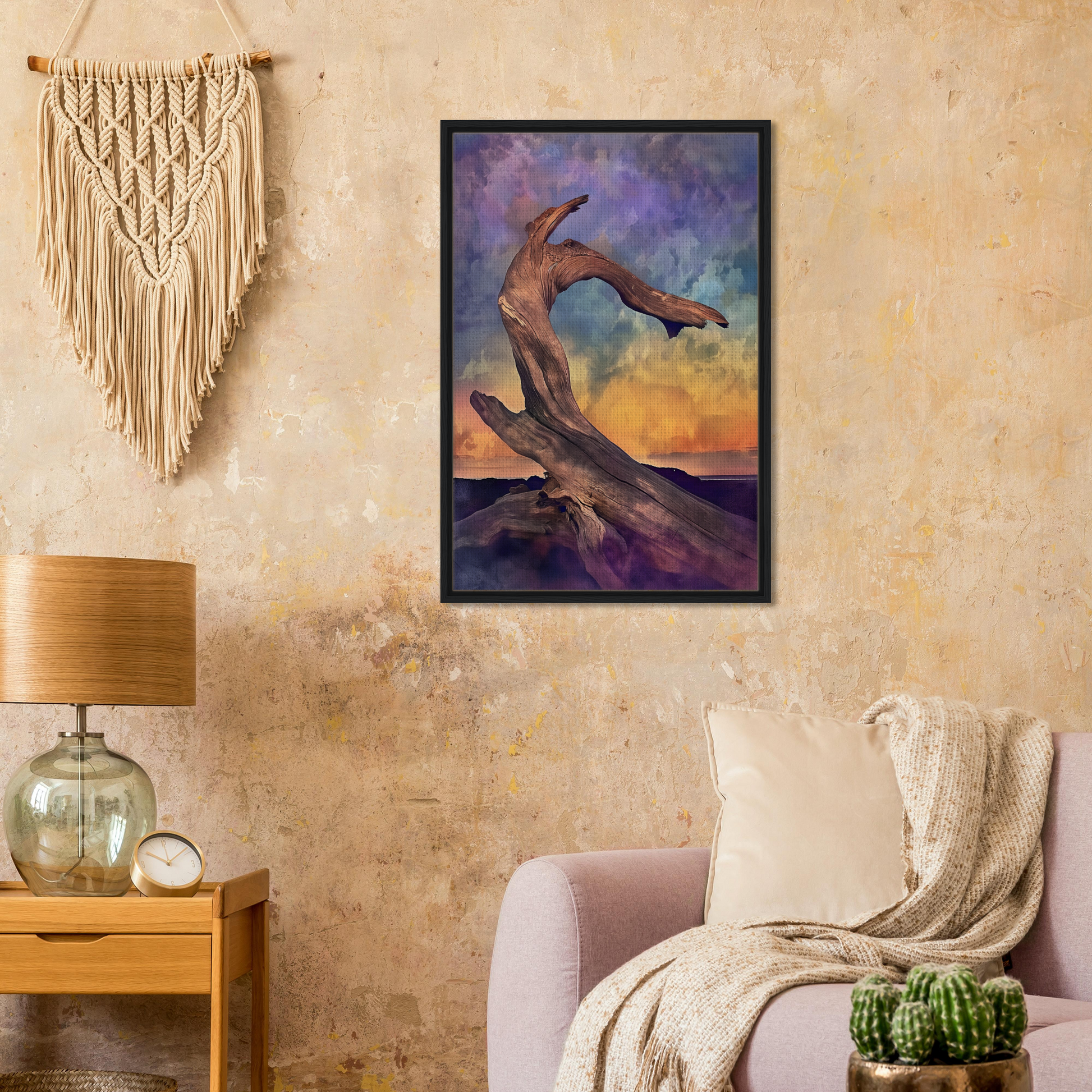 Framed painting of a dancing figure in colorful sky for Elemental Reverie room decor