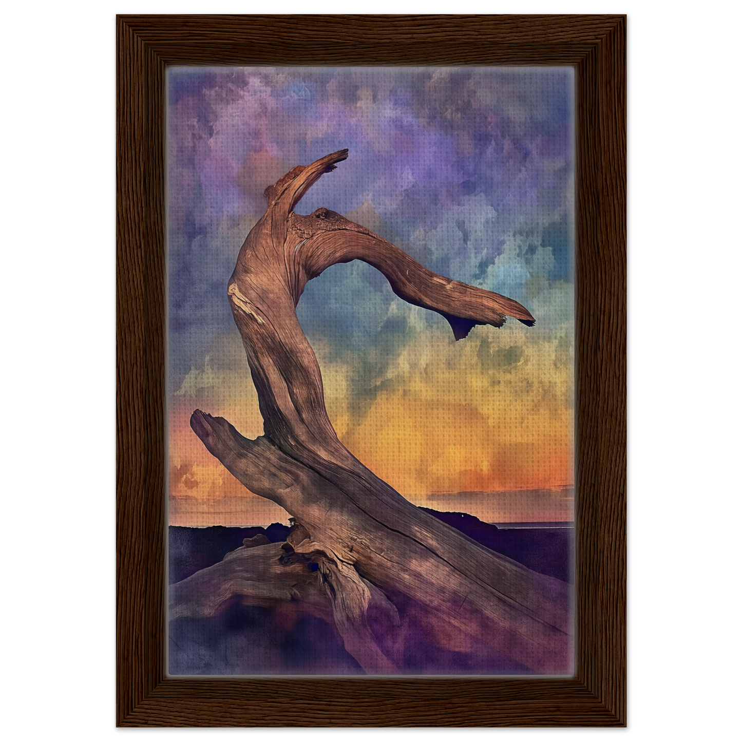 Twisted driftwood sculpture in Elemental Reverie against a colorful sky, framed canvas print