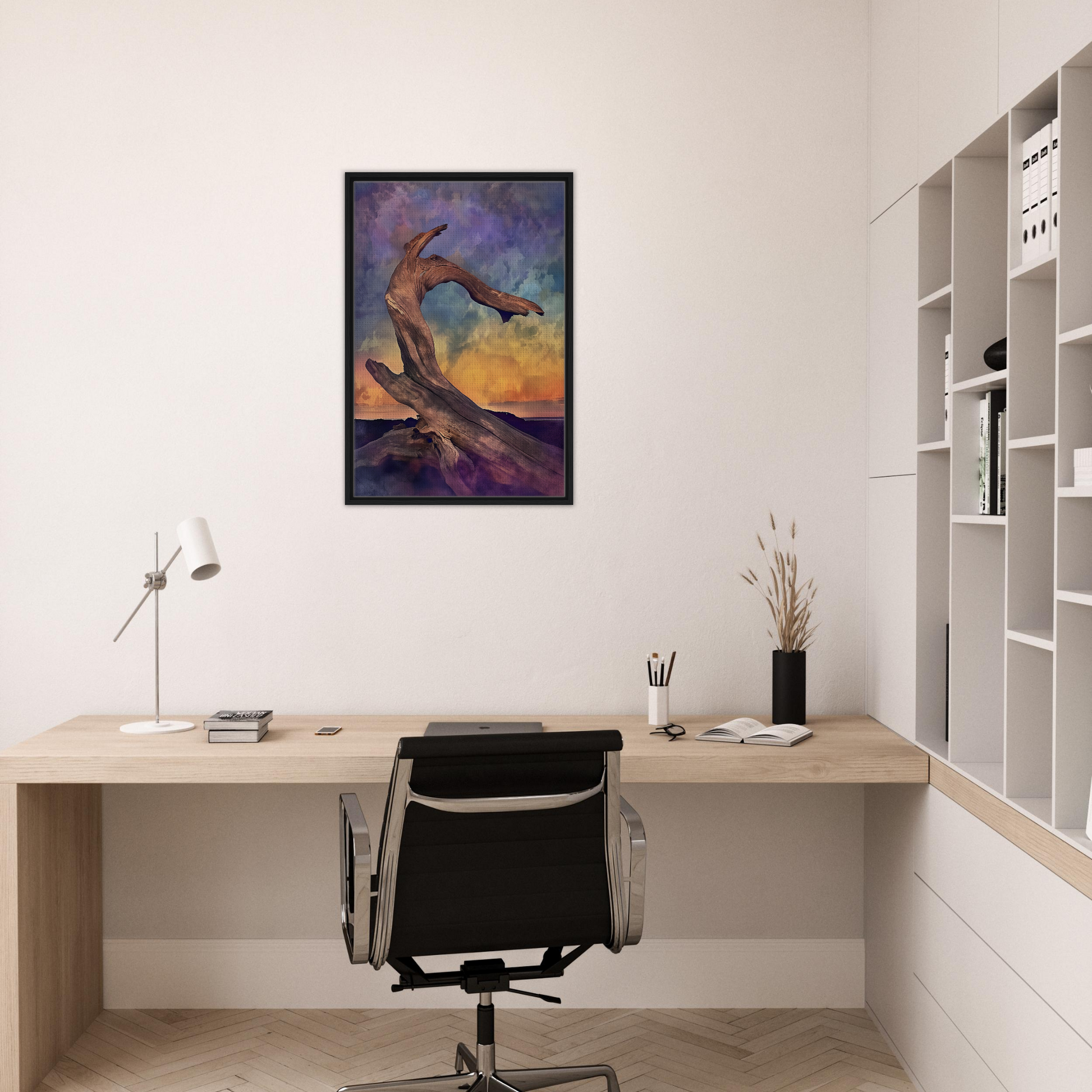 Framed canvas print featuring Elemental Reverie with colorful abstract flying creatures