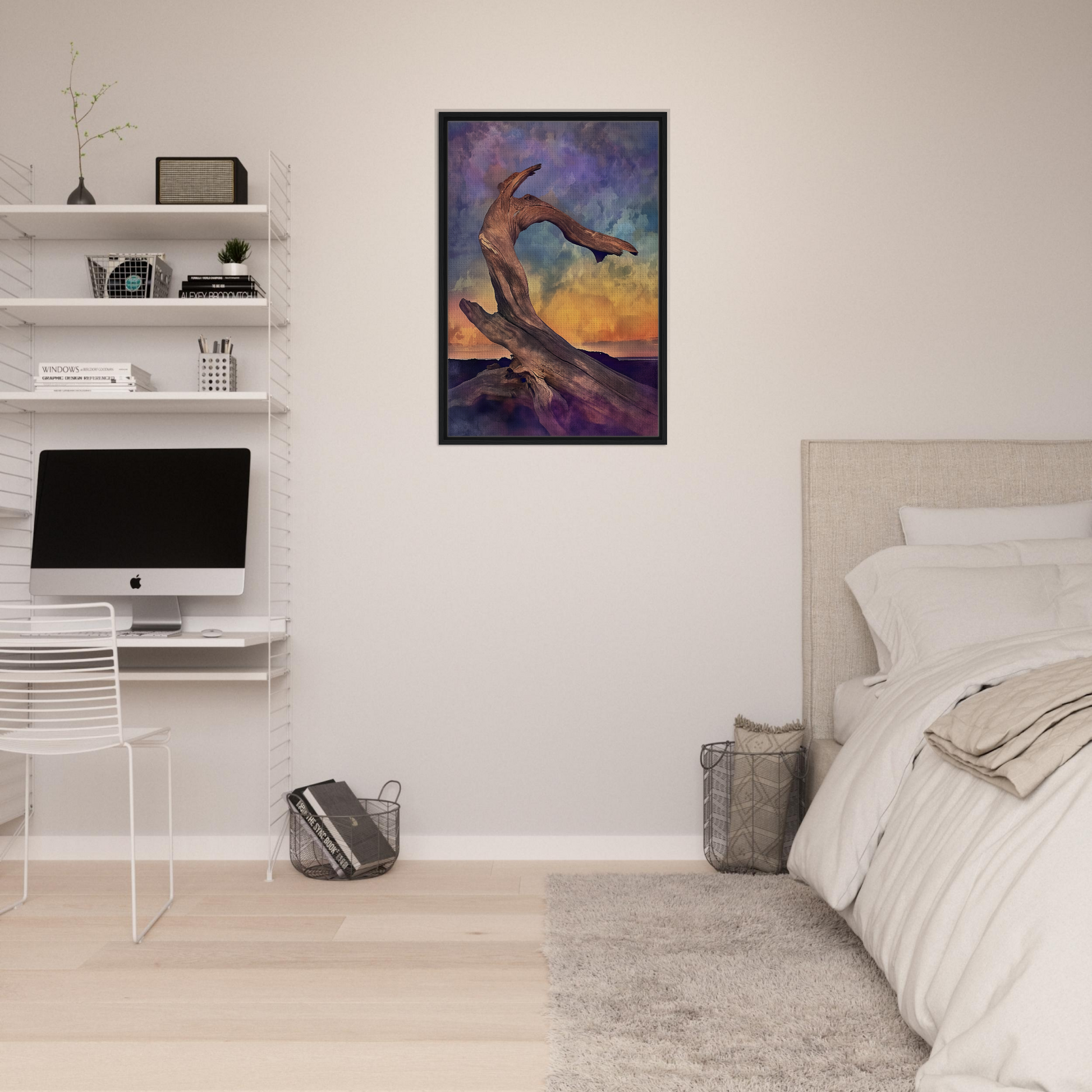Framed artwork of a surreal figure leaping, perfect for Elemental Reverie room decor