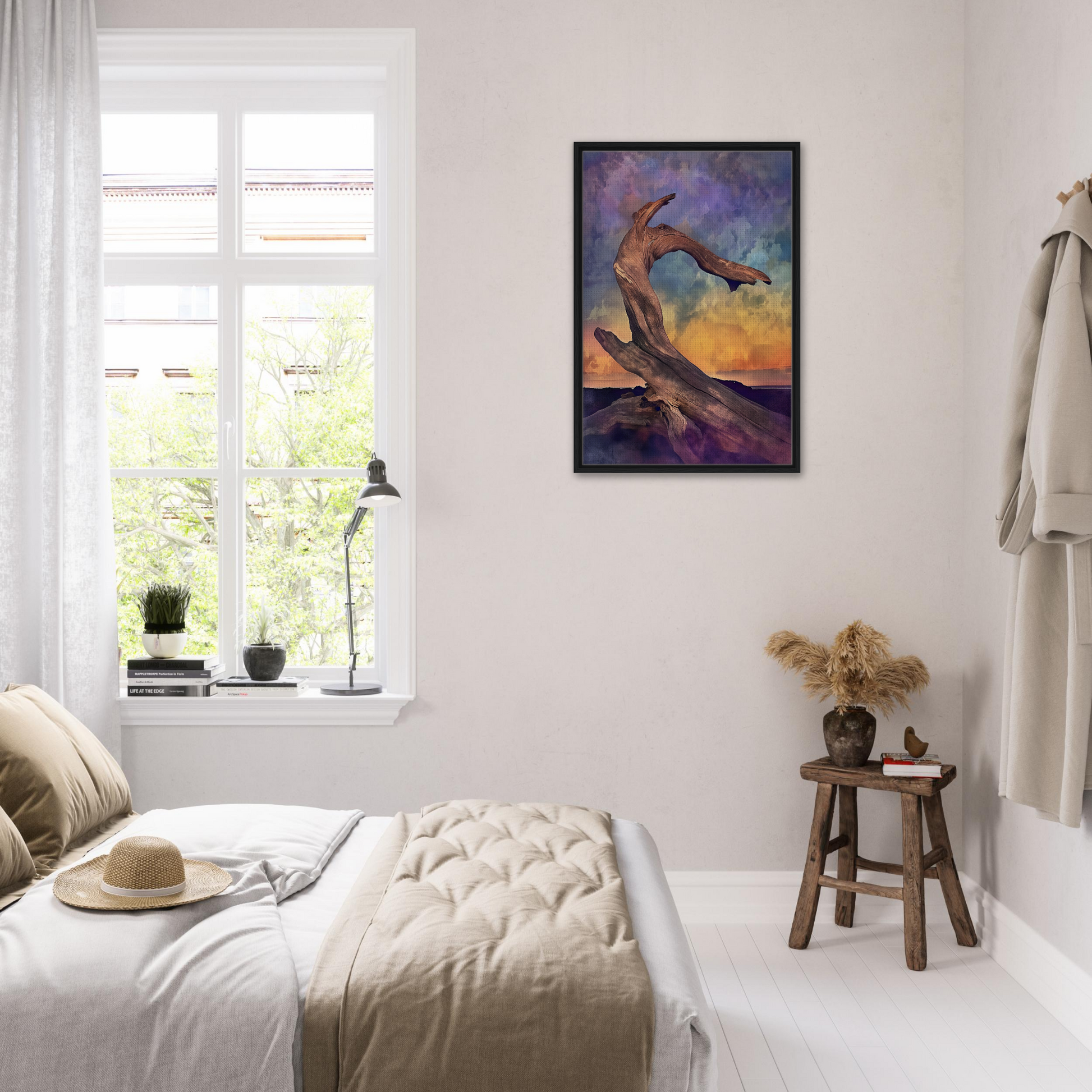 Framed painting of a surreal tree-like figure for Elemental Reverie room decor