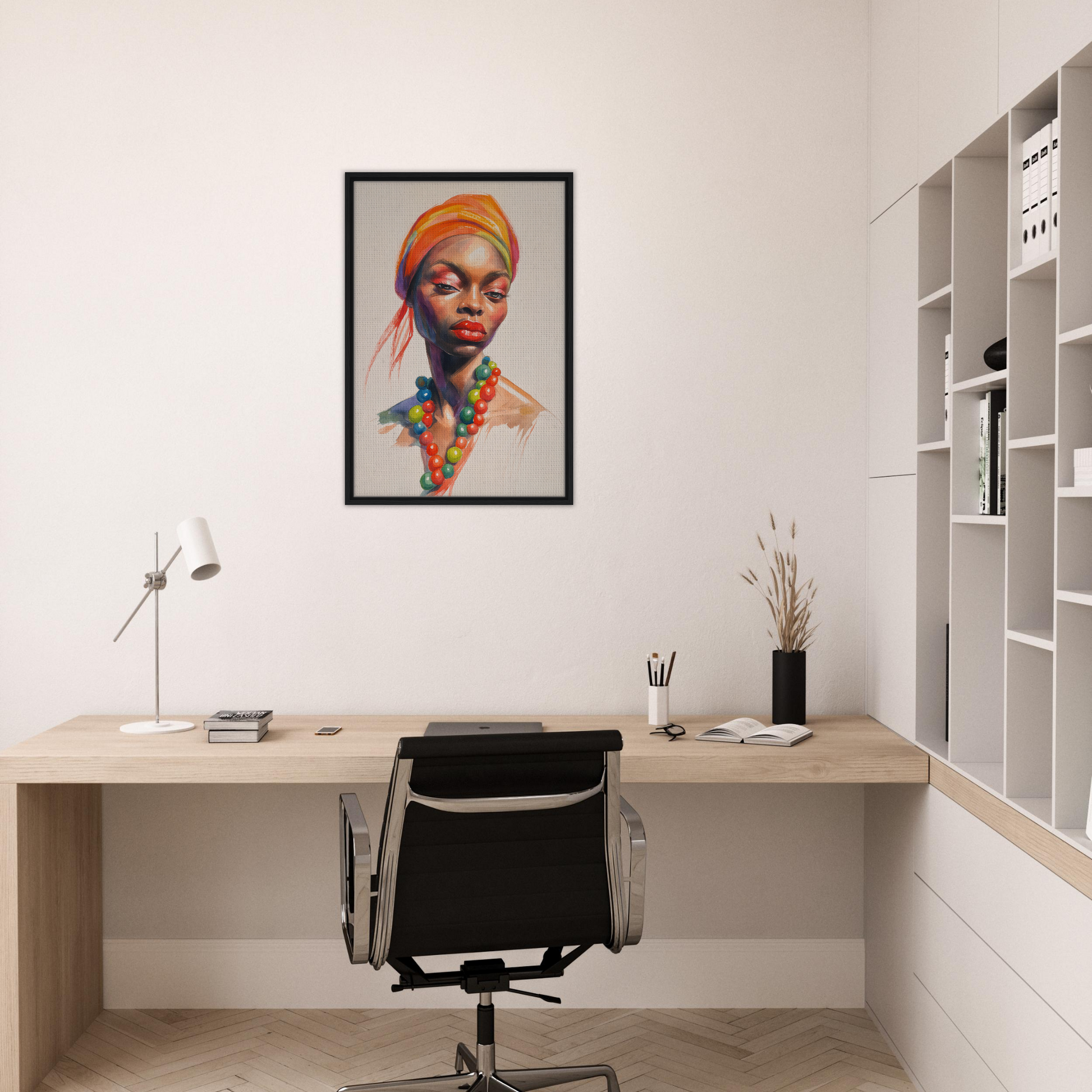 Colorful portrait with orange headwrap in natural wood framed canvas print, Fashion Oracle