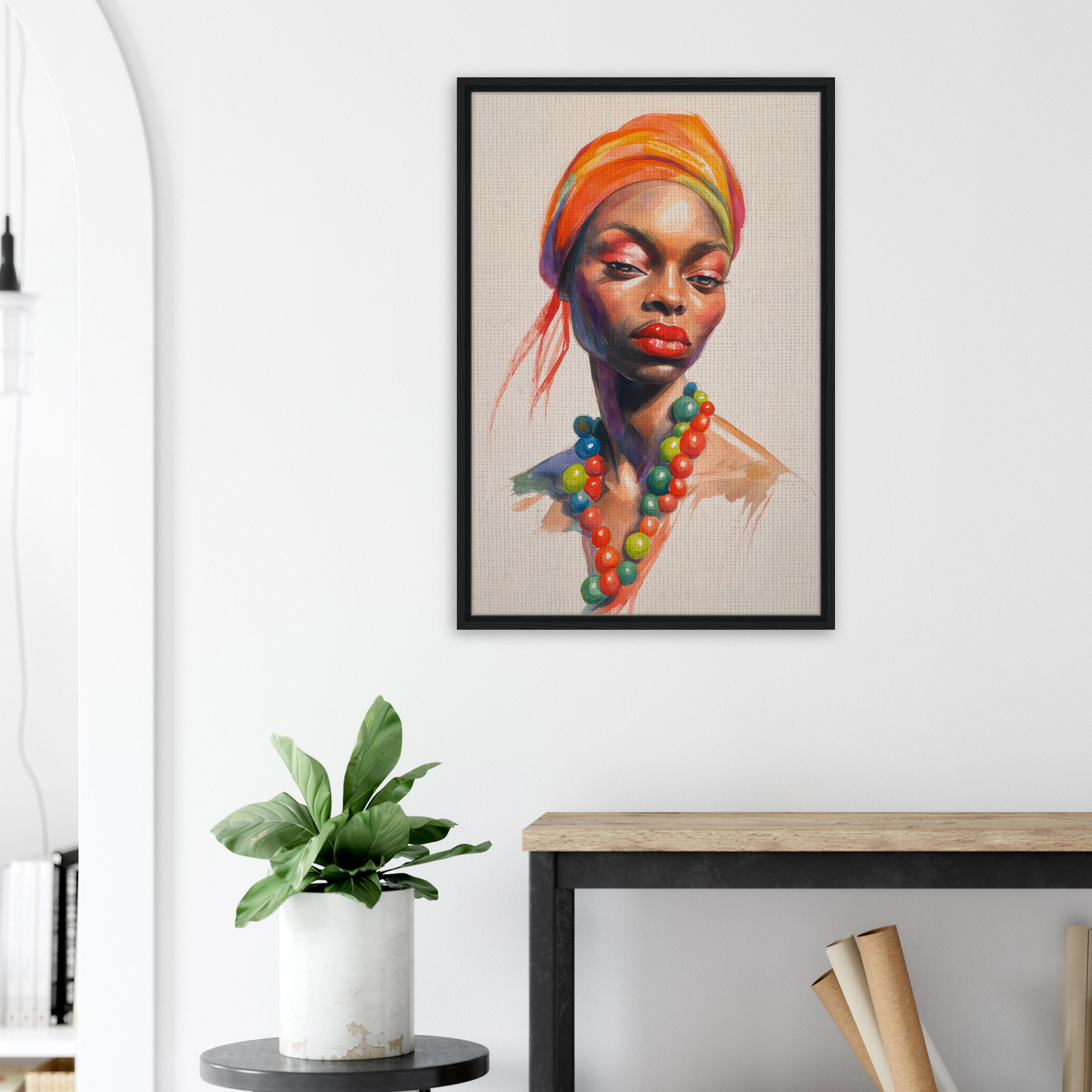 Vibrant portrait painting of a woman with colorful headwrap, perfect for Fashion Oracle room decor
