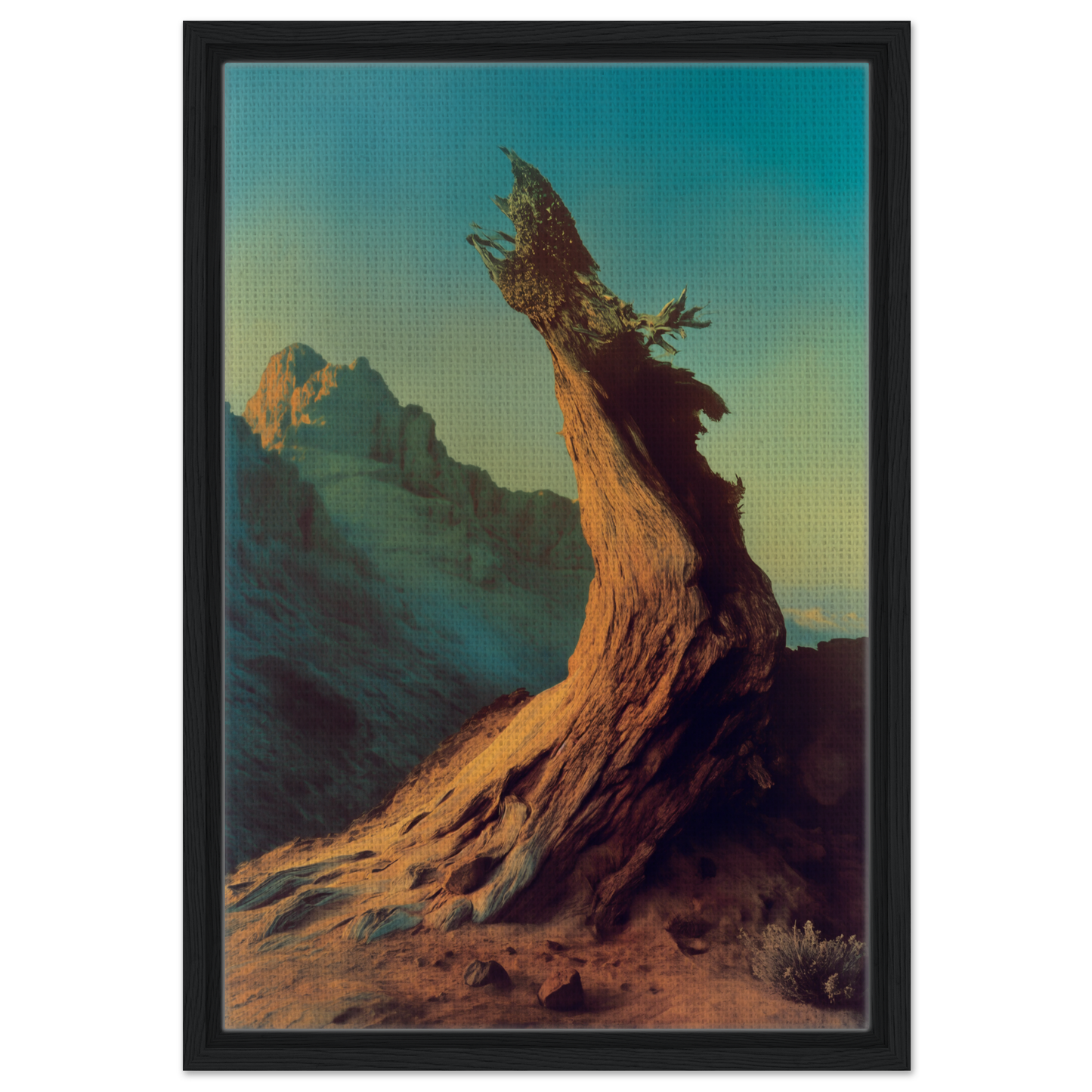Gnarled tree stump illuminated under teal sky, perfect for Enduring Sentinel’s Waltz decor