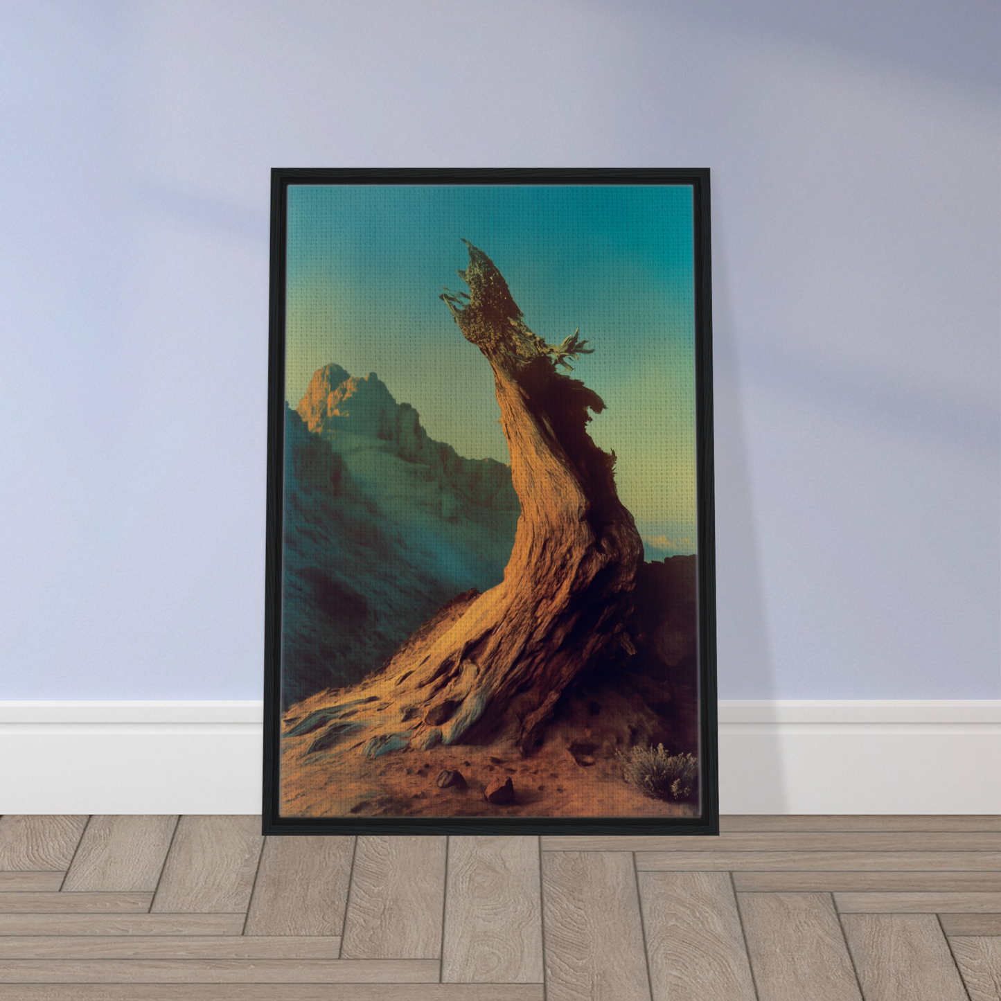 Framed artwork of twisted tree trunk against a colorful sky for Enduring Sentinel’s Waltz decor
