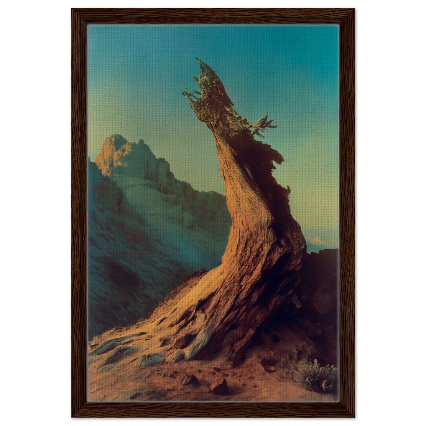 Gnarled tree stump against a colorful sky for Enduring Sentinel’s Waltz room decor